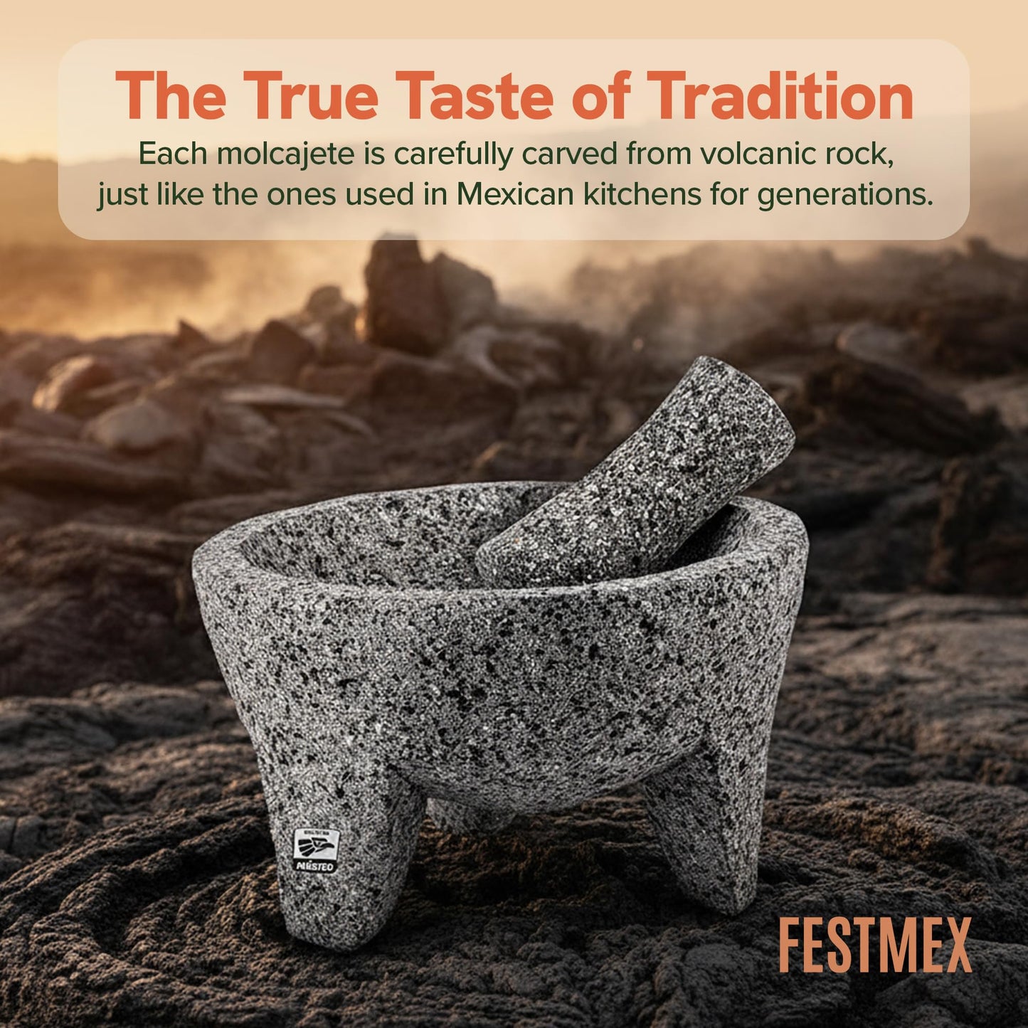 Genuine Handmade Mexican Mortar and Pestle, Molcajete de Piedra Natural Volcanica Stone, Heavy & Durable, Perfect for Homemade Salsas, Guacamole, and other Molcajete Plates | Made in Mexico (8 Inches)