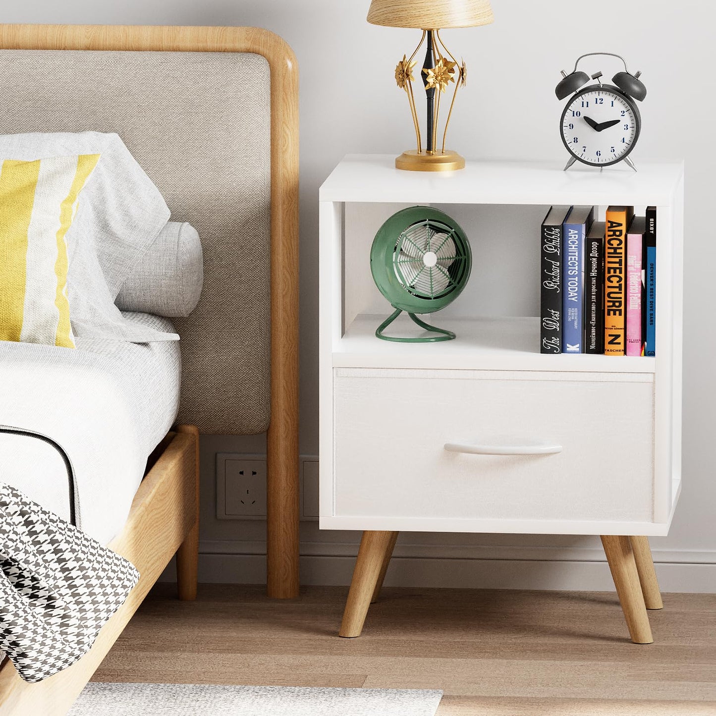 Aenuert Night Stand, White Kids Nightstand with Drawer, Nursery Side Table with Open Storage, 2-Tier Modern End Table, Bedside Table for Small Space, Living Room, Bedroom