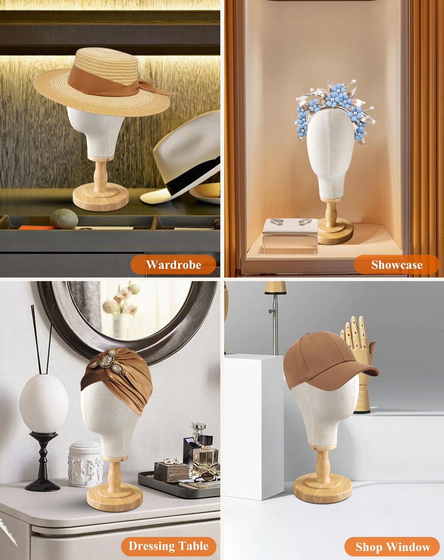 CHADWICK 21" Wig Head Stand, Mannequin Head Dome Canvas + Detachable Wood Stand, Hats Caps Display Canvas Block Mannequin Head Model