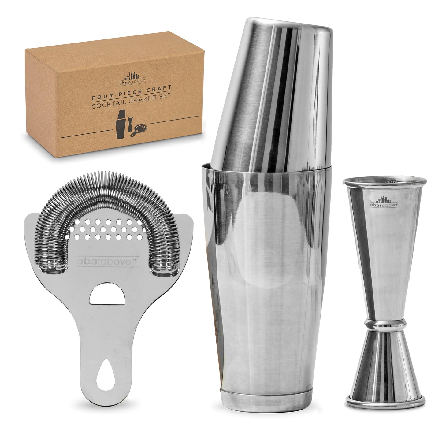 Boston Shaker Set: Professional Two-Piece Stainless Steel Cocktail Shaker Set with Hawthorne Strainer and Japanese Jigger