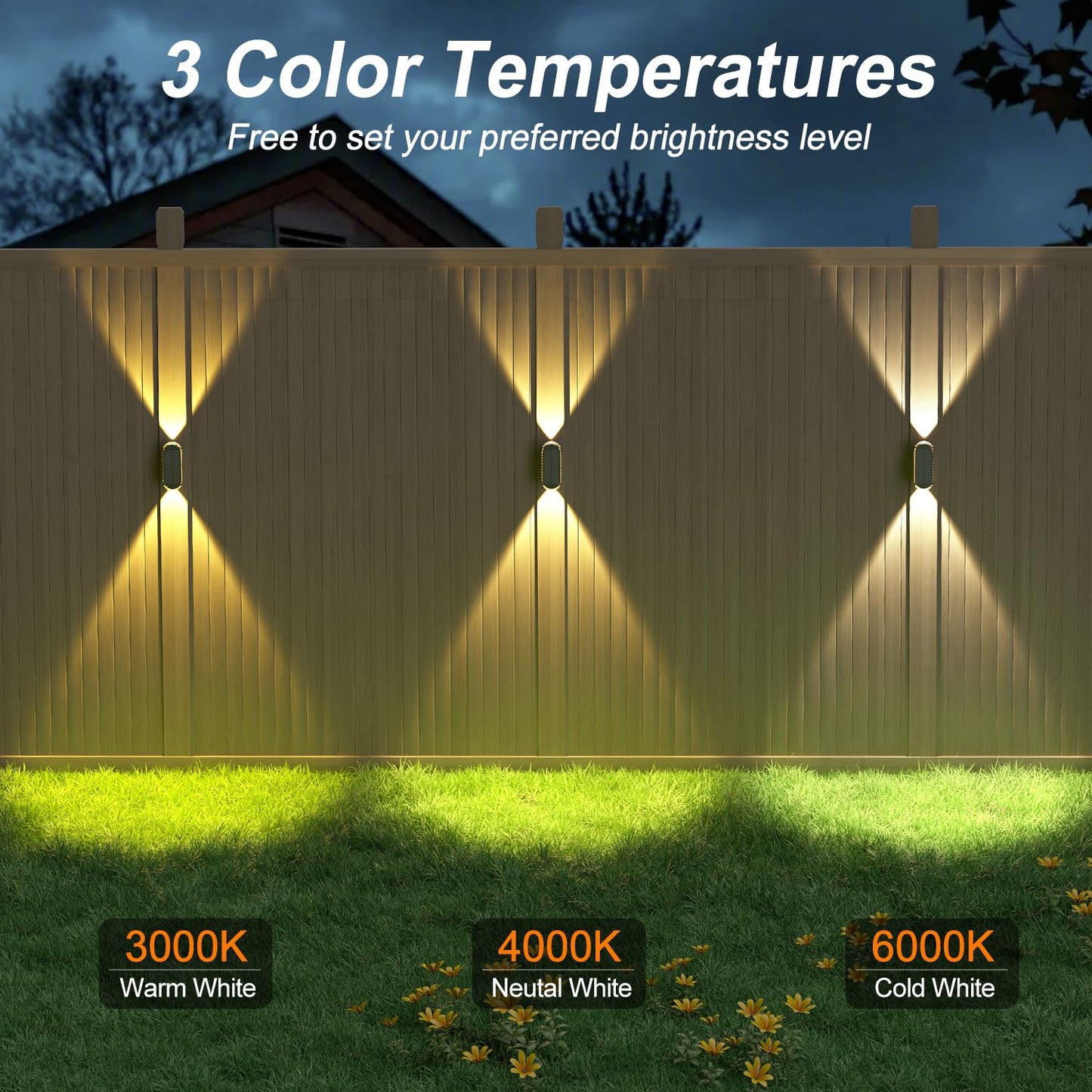 Ellasay 8-Pack Fence Lights Solar Powered: Up and Down Focus LED Solar Wall Lights Outdoor - IP65 Waterproof Solar Lights for Outside Patio/Backyard/Porch/Railing - 3 Color Modes