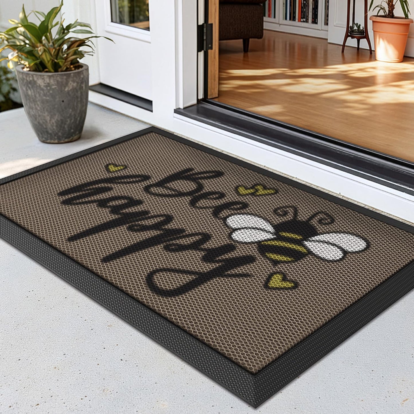 LUMI Outside Welcome Door Mat 24x36, Non Slip Durable Rubber Entrance Doormat, Low Profile Easy Clean Mats for Front Back Door Entryway Porch Garage, Bee Happy