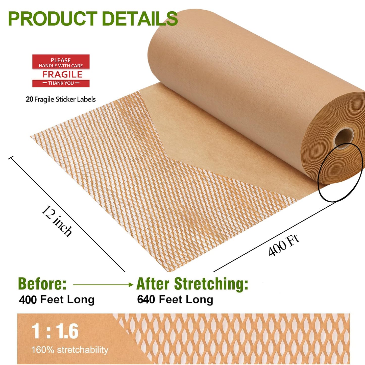 Honeycomb Packing Paper, 12" x 400' Honeycomb Cushioning Wrap Roll for Moving Shipping Packaging Gifts, Recyclable Honeycomb Paper Bubble Paper Wrapping with 20 Fragile Sticker Labels