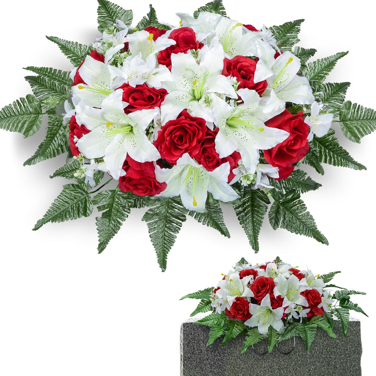 Artificial Headstone Flower Saddles for Graves, Cemetery Memorial Flowers for Outdoor Tombstone Decorations, Artificial Lily Rose Saddle Flowers