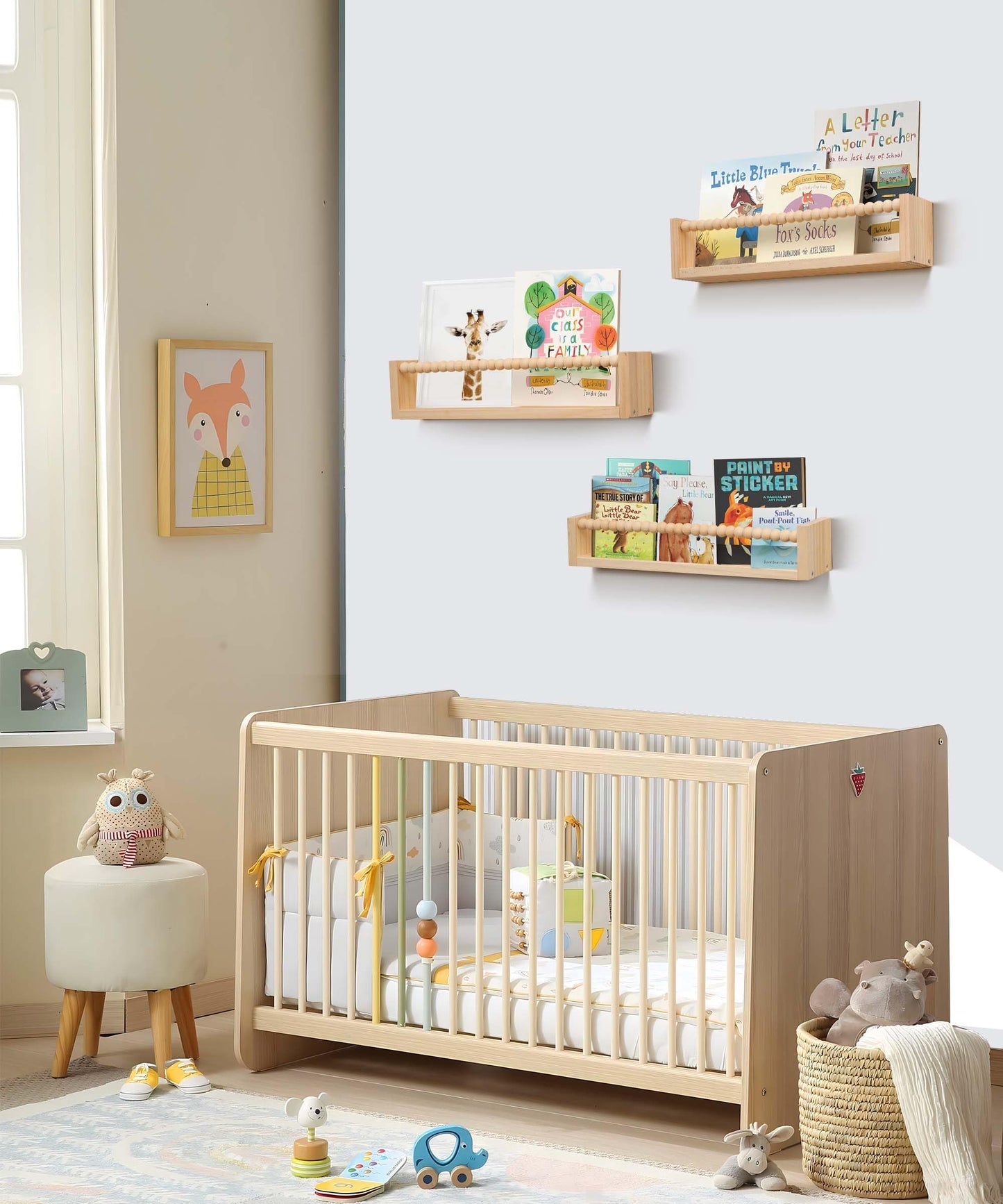TUEGEGNS Nursery Book Shelves for Kids Rooms with Beads Set of 3,Wooden Floating Wall Bookshelves for Kids (Set of 3 Natural)