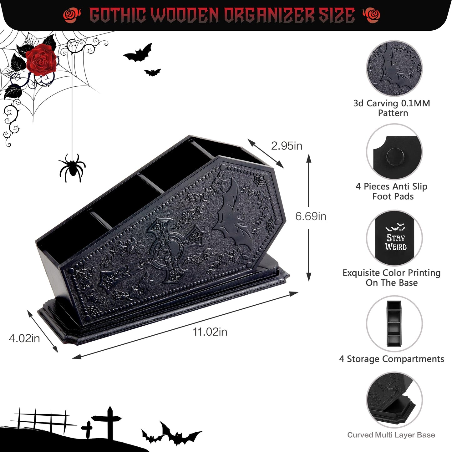 Coffin Decor Makeup Brush Holder,Spooky Witchy Gifts for Women,Skull Cosmetic Display Cases,Goth Decor Pen Holder, Vanity, Desk, Office Organizer for Bedroom Bathroom