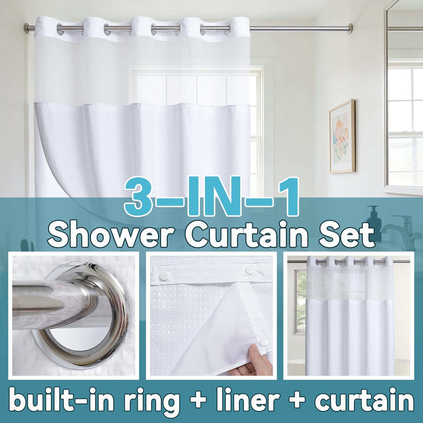 Conbo Mio Fabric Waffle Weave Hotel Shower Curtain with Snap in Liner for Bathroom Waterproof Machine Washable Shower Curtain (Waffle-White, 71" W x 74" H)