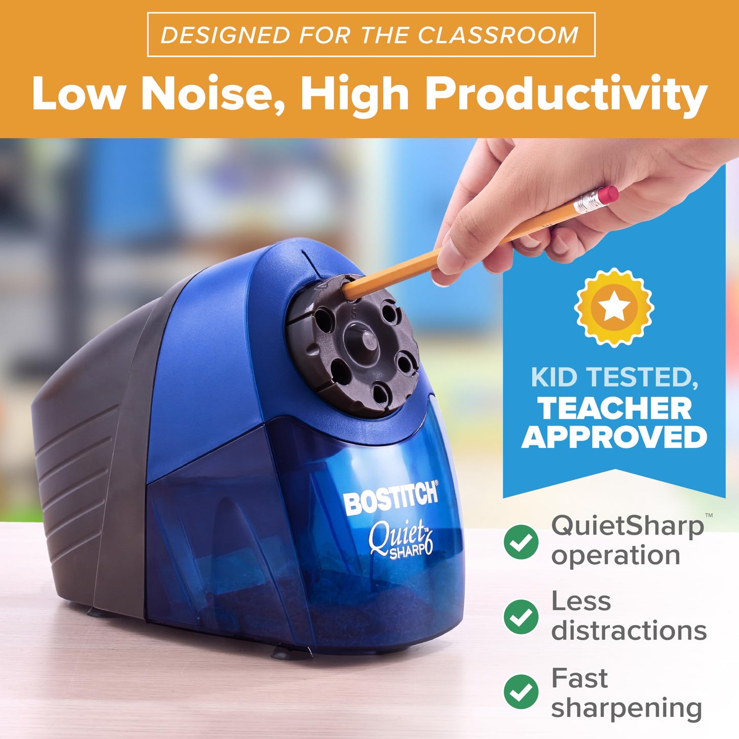 Bostitch QuietSharp 6 Heavy Duty Classroom Electric Pencil Sharpener, 6-Holes, Blue (EPS10HC)