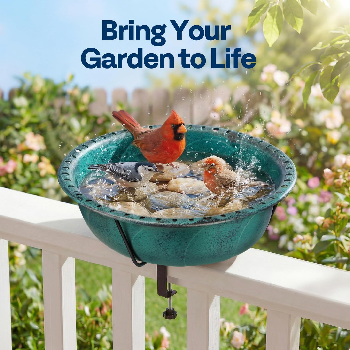 VIVOHOME Deck Mounted Bird Bath for Outside, Weather-Resistant ABS Bird Bath and Feeder with Adjustable Metal Clamp for Railing, Fence, Balcony, 1.45 Gallons, Green