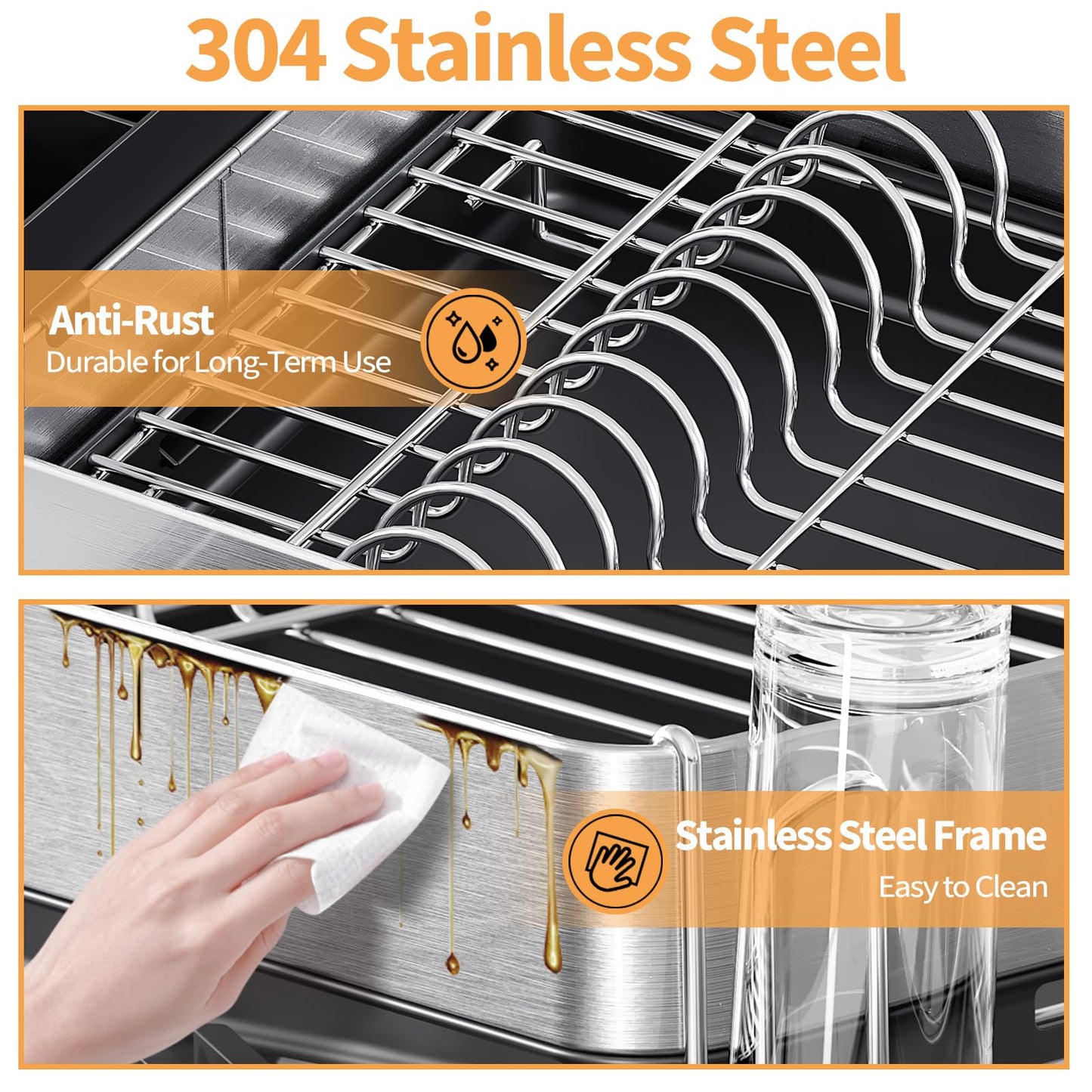 Expandable Dish Rack with Drainboard - Stainless Steel Dish Drainer with Removable Cutlery Tray, Foldable Cup Holder, Elevated Feet, Multifunctional Drainboard for Sink Countertop Kitchen Storage
