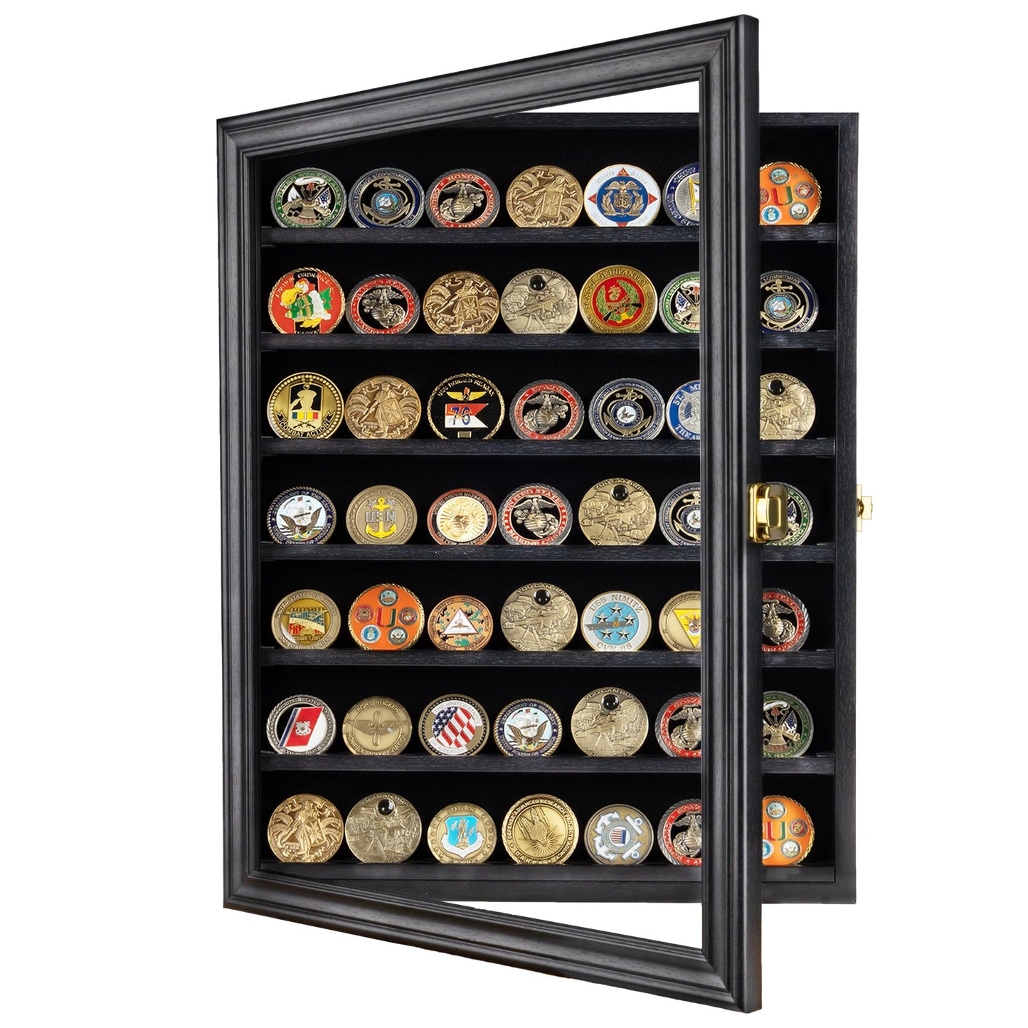 Challenge Coin/Casino Chip Display Case Cabinet Holder Shadow Box, Glass Door, Black (COIN56-BL)