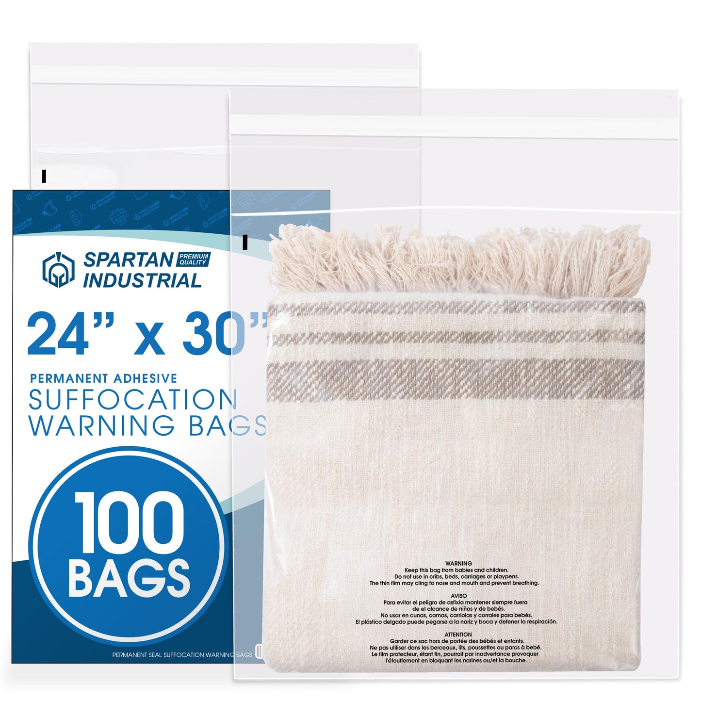 Spartan Industrial - 24" X 30" (100 Count) Self-Seal Clear Poly Bags With Suffocation Warning for Packaging, Shipping, Decor - Permanent Adhesive