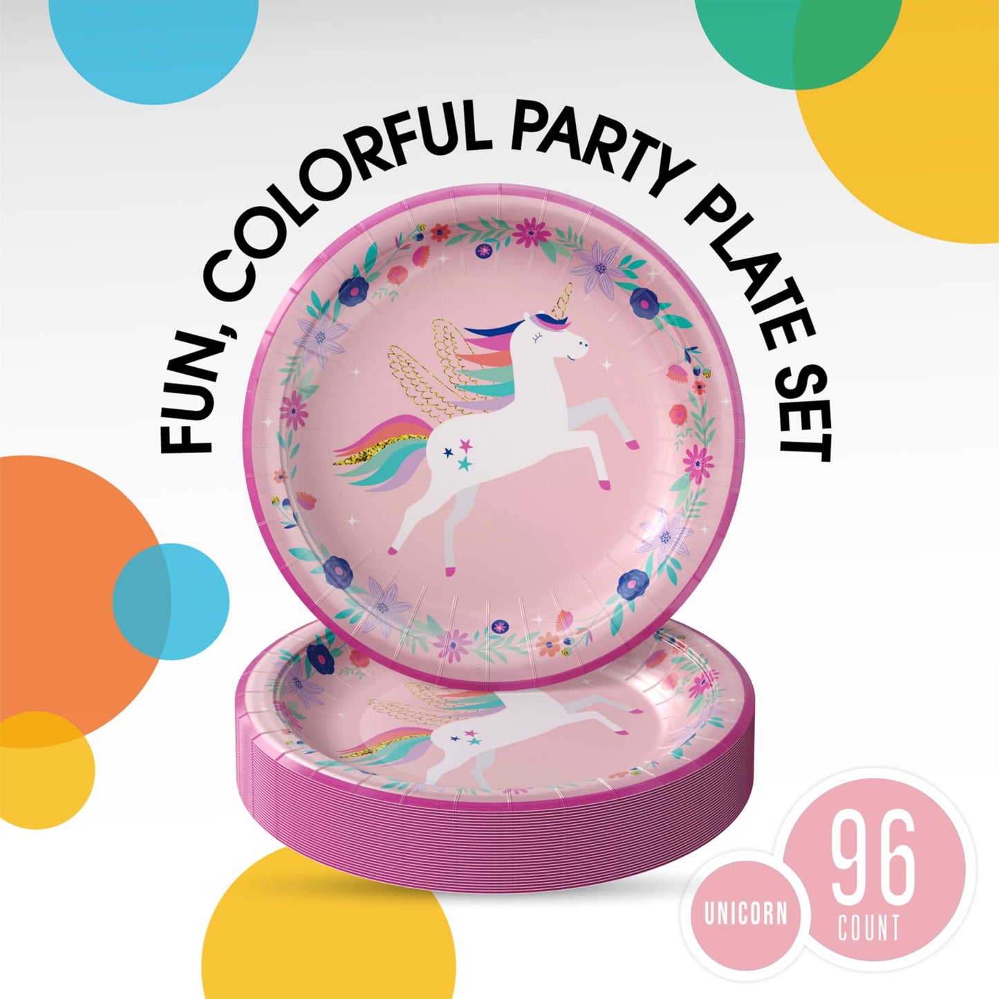 Party Solids Unicorn Plates Paper Disposable Heavy Duty 8.5 Inch Unicorn Birthday Plates 96 Pcs 350 GSM, Girls Party Decorations For Girls Birthday Supplies