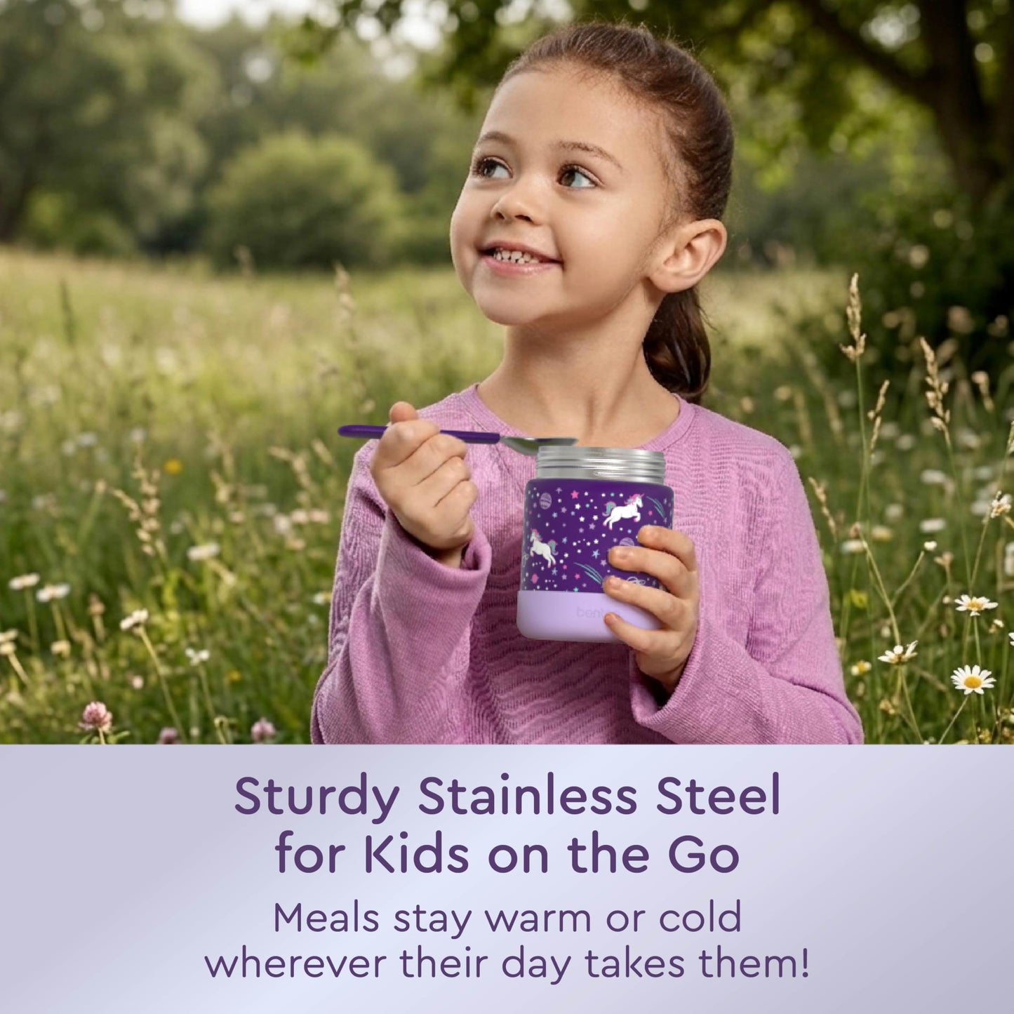 Bentgo Kids Stainless Steel Food Jar - 11oz Leak-Proof Double Insulated Hot or Cold Food Container with Removable Silicone Bumper, Dishwasher Safe, Easy Open Lid, Ages 3+ (Unicorn)