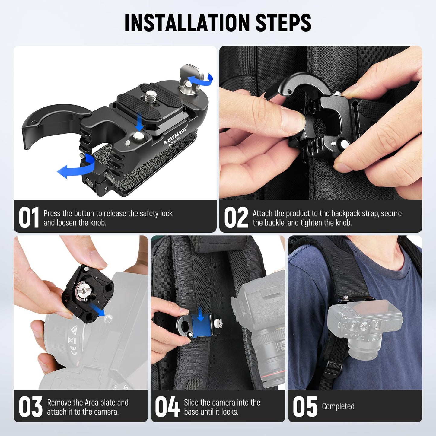 Neewer Backpack Camera Clip Mount with Square QR Plate, Upgraded Safety Latch, Quick Release Camera Belt Clip Backpack Strap Compatible with Peak Design PD QR System Canon Nikon Sony DSLRs, GP67