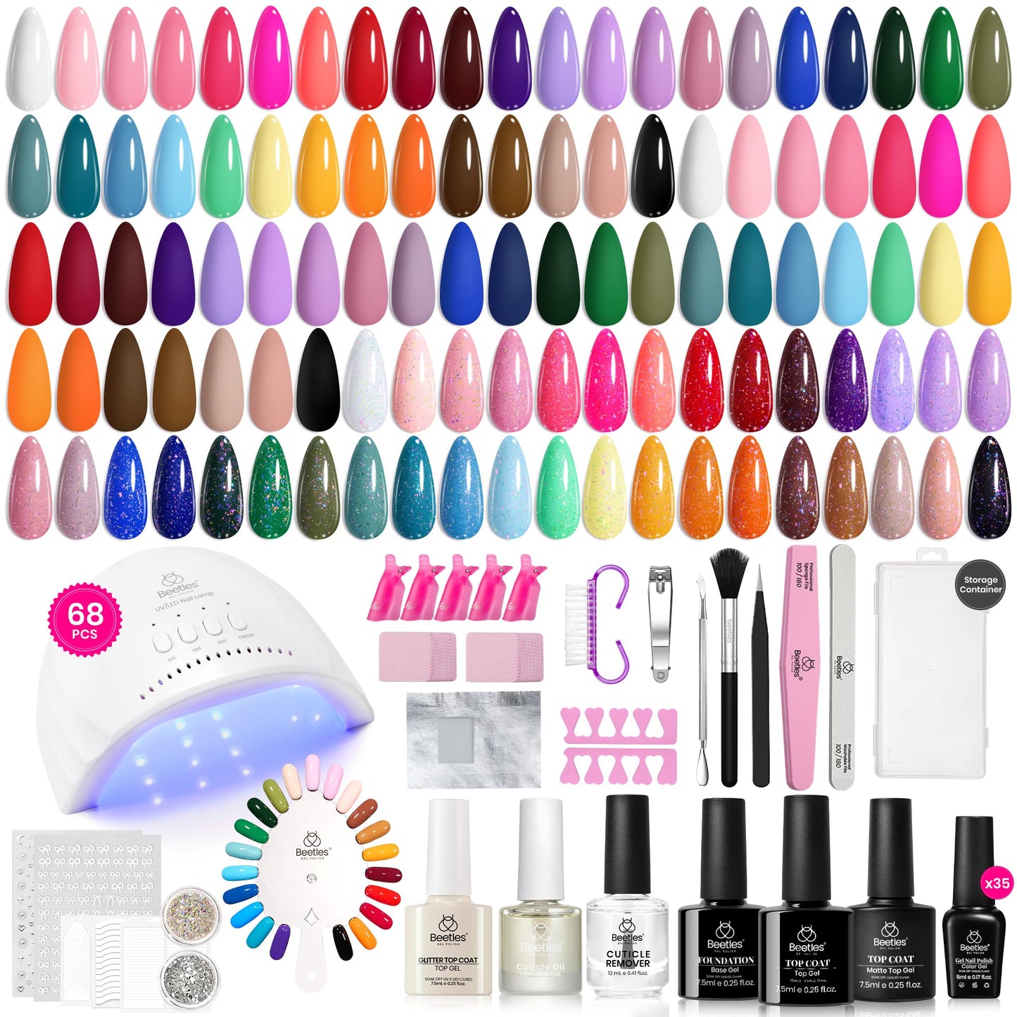 Beetles Gel Nail Polish Kit with U V Light 68 Pcs Emotional Spectrum 35 Colors Gel Polish Nail Kit with Base and Matte&Glossy Top Coat Soak Off All Season Gel Nail Kit Manicure Tools Gifts for Women