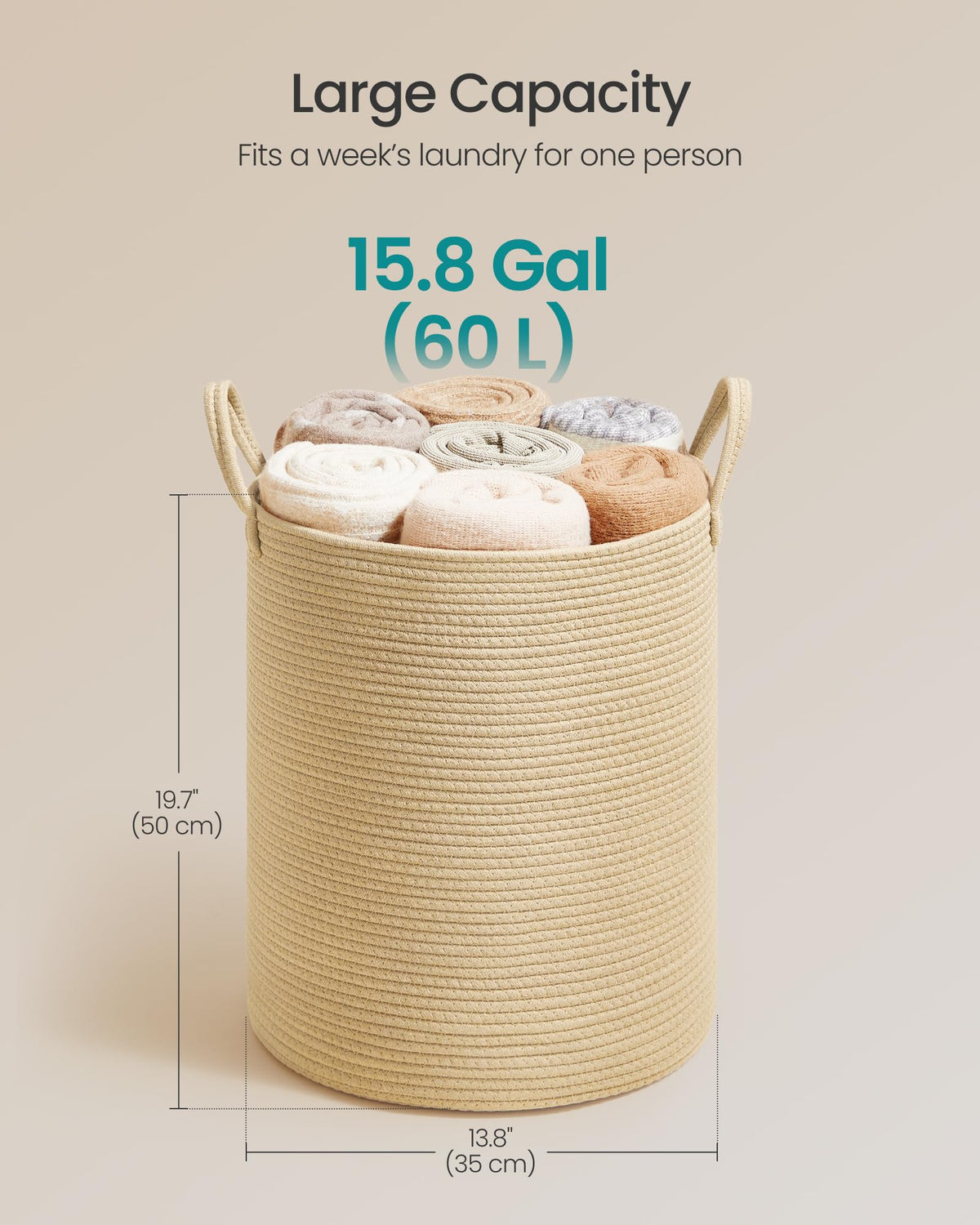 SONGMICS Laundry Hamper, Cotton Rope Laundry Basket with Handles, for Children, Toys, Clothing, Living Room, Bedroom, 60 L, 35 x 35 x 50 cm , Yellowish Brown URLH061KZ01