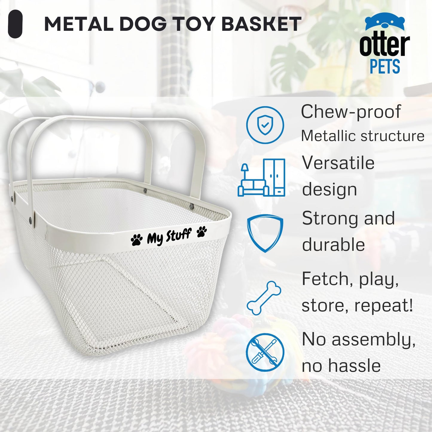 OtterPets Dog Toy Basket Metal Mesh Metal, Chew Proof, 16 (L) x 9.5 (W) x 7 (H) inches White Dog Toy Bin, Sturdy Pet Toy Basket