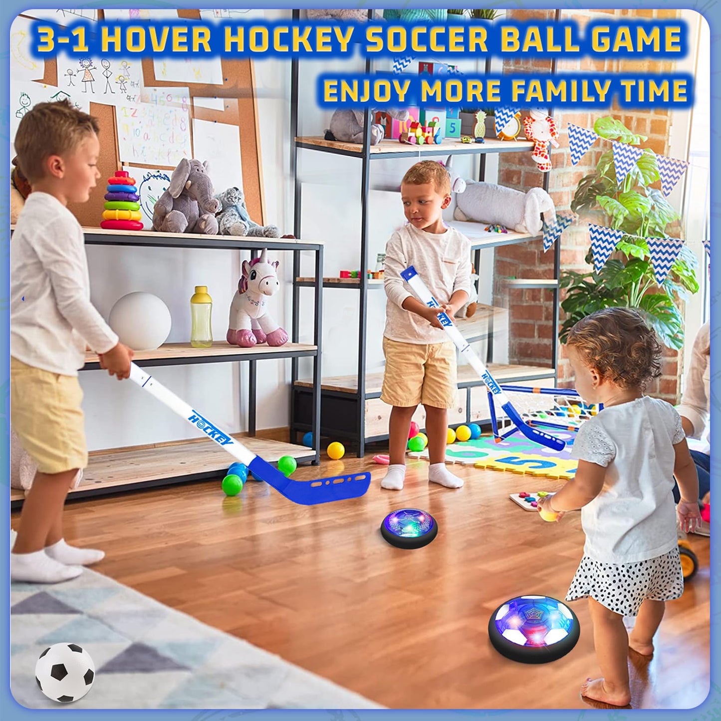 AJATA Hover Hockey Soccer Ball Set - 3-in-1 Rechargeable Boys Toys Hover Soccer Gifts for Boys Girls Kids 3 4 5 6 7 8-12 Blue