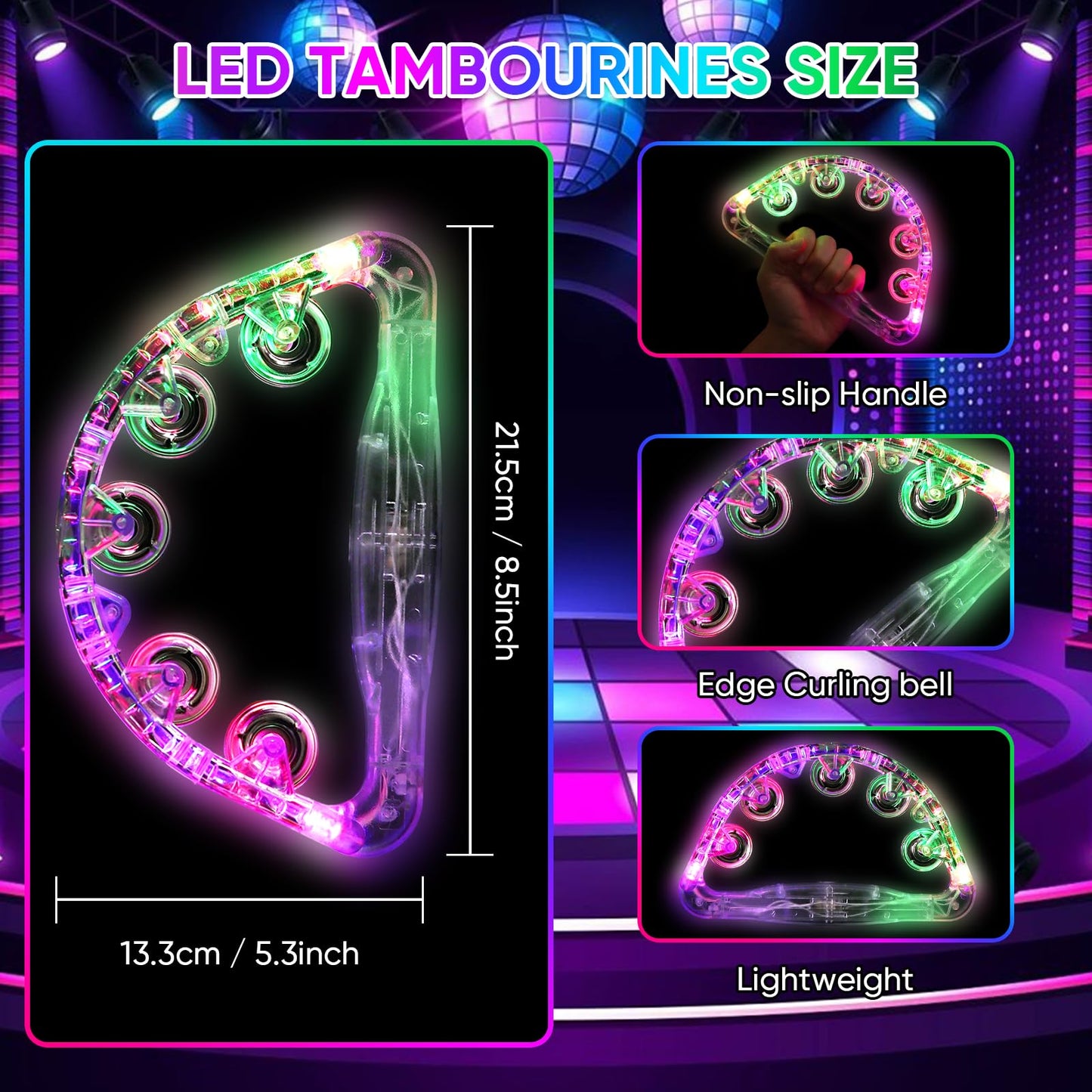 LED Light Up Musical Tambourines: Glow In The Dark Party Supplies Handheld Musical Flashing Tambourine - Led Tambourines Percussion Instruments for Bar Wedding Dance Floor Christmas (White 4pcs)