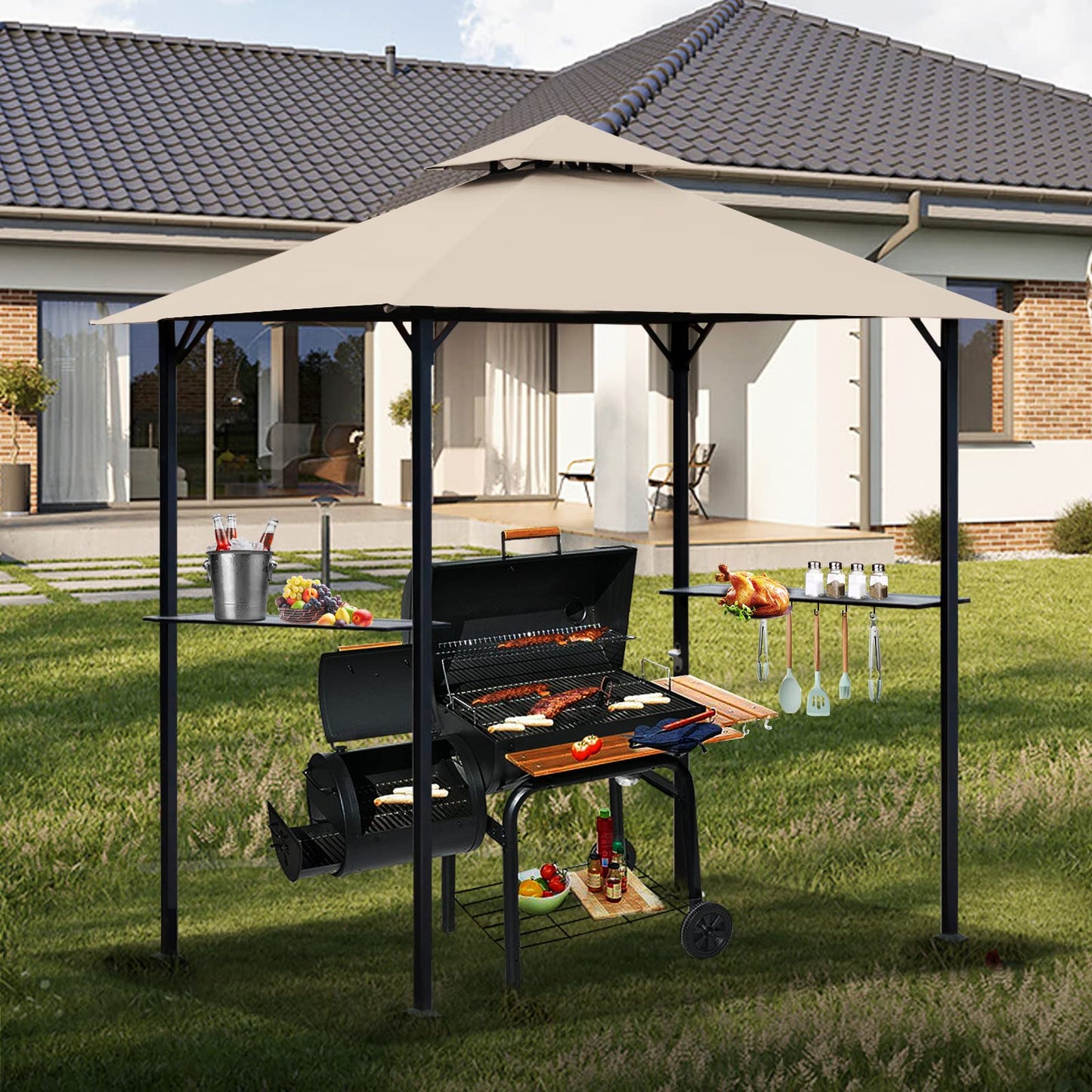OLILAWN Grill Gazebo Replacement Canopy Roof, 5' x 8' Outdoor BBQ Gazebo Canopy Top Cover, Double Tired Grill Shelter Cover with Durable Polyester Fabric, Only Fit for Model L-GG001PST-F, Khaki
