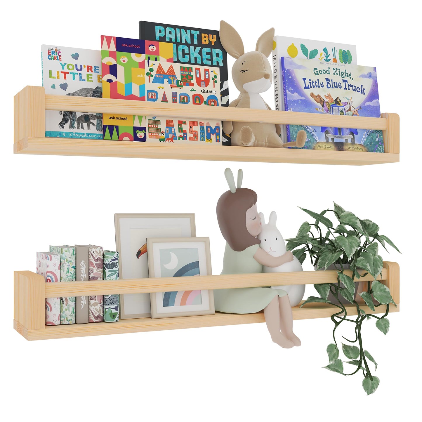 Heimlove Floating Shelves, Rustic Natural Solid Wood Wall Nursery Shelves - Book Shelves for Kids Room, Bedroom, Kitchen, Living Decor (Natural, 32inch - 2P)