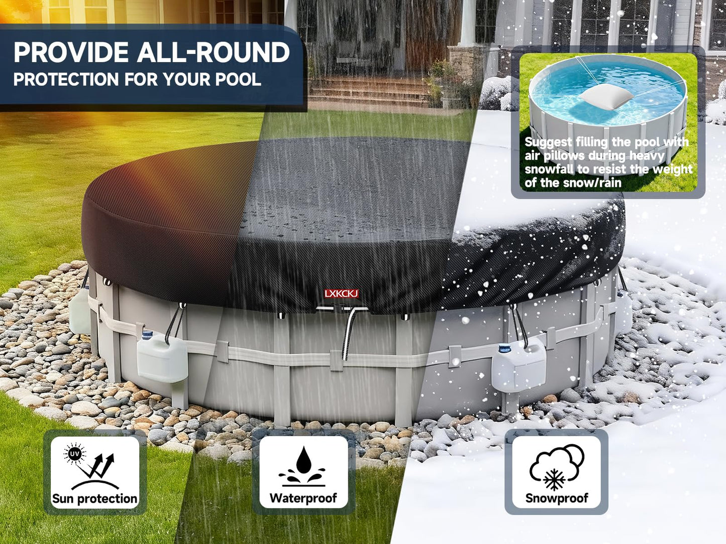 LXKCKJ 15 Ft Round Pool Covers for Above Ground Pools,Upgrade Solar Pool Cover Protector with Pool Accessories Increase Stability, Hot Tub Stock Tank Cover Ideal for Waterproof and Dustproof (Black)