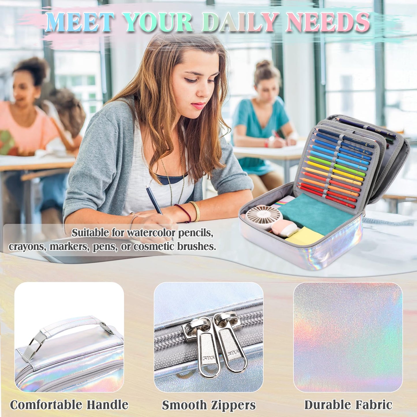 Pencil Case, VONXURY Large Capacity Pencil Pouch Holder Portable Pen Organizer with 2 Detachable Layers 54 Slots Multiple Zipper Bag for School Office College