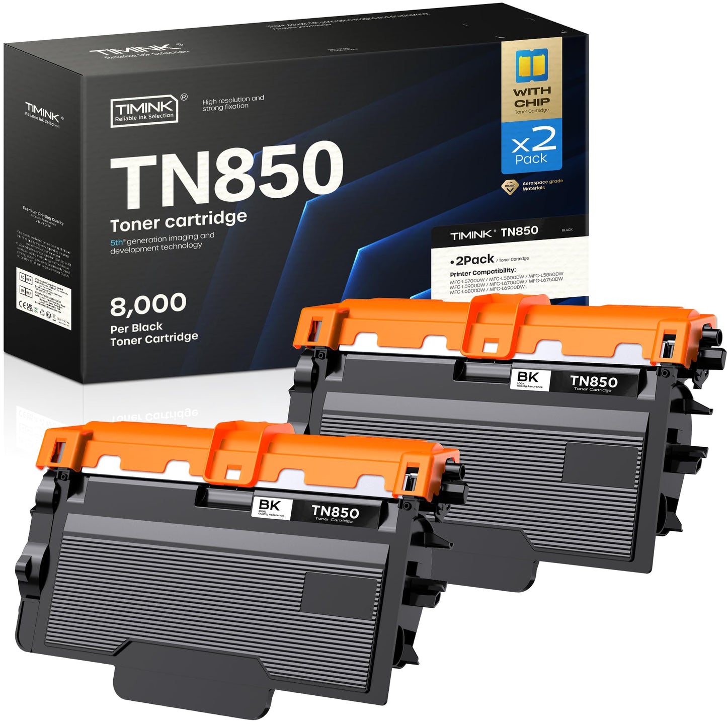 Timink TN850 Compatible Toner Cartridge Replacement for Brother TN850 TN-850 High Yield, Fit for HL-L6200DW HL-L6200DWT MFC-L5700DW MFC-L5900DW HL-L5200DW MFC-L5850DW Laser Printer (Black, 2 Pack)