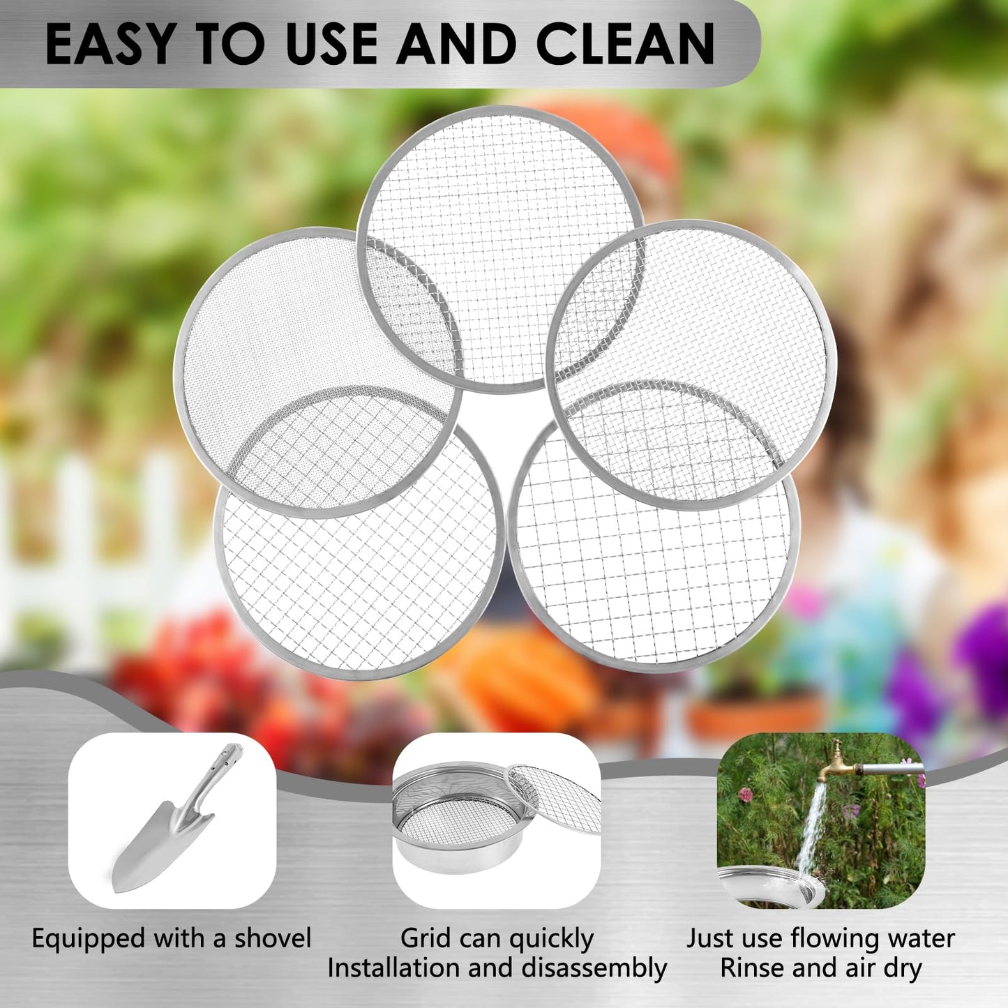 UKQRRTC Multi-Purpose Soil Sieve Tool Set, Stainless Steel Soil Sifter with Shovel and 5 Interchangeable Meshes, 1/3/6/9/12mm Suit for Gardening, Mealworm Sorting, Gold Panning, and Lab Testing
