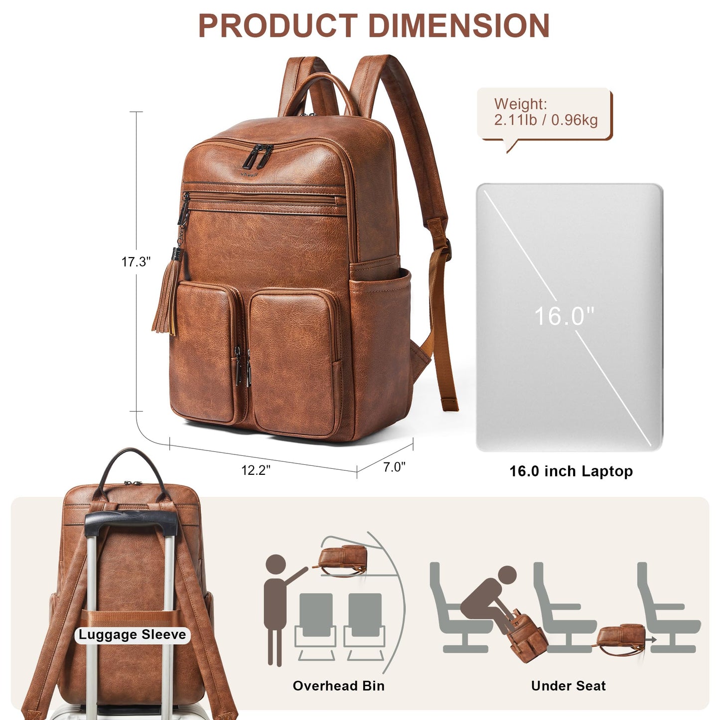 Shrrie Laptop Backpack for Women 16 Inch,Vegan Leather Travel Backpack Purse Work Business Computer Backpacks Teacher Nurse College Laptop Bookbag Casual Daypack,Two-toned Brown