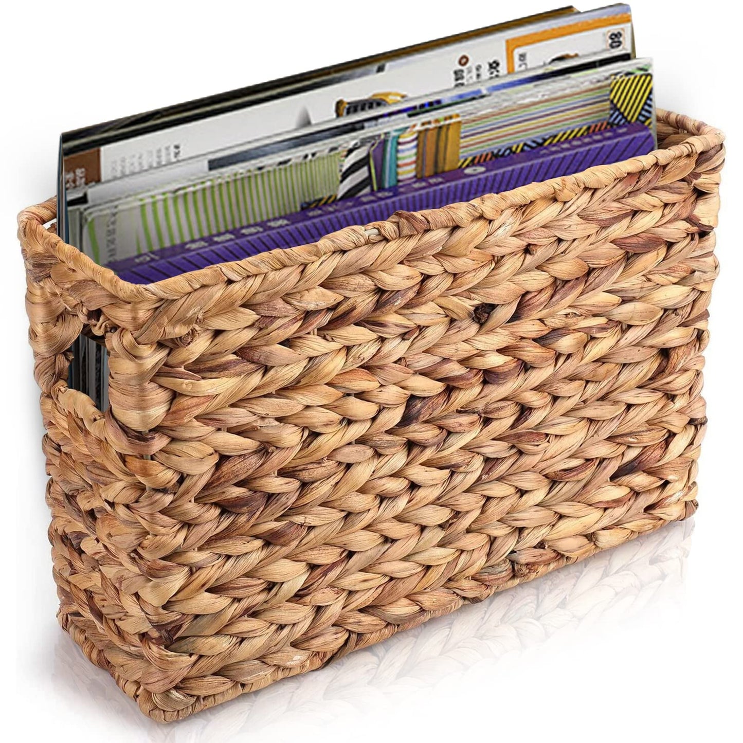 Yesland Hand-Woven Narrow Water Hyacinth Holder Wicker Basket, 15.5 x 5.5 x 9.75 Inch Decorative Magazine Storage Basket Bin for Home, Office, Desk