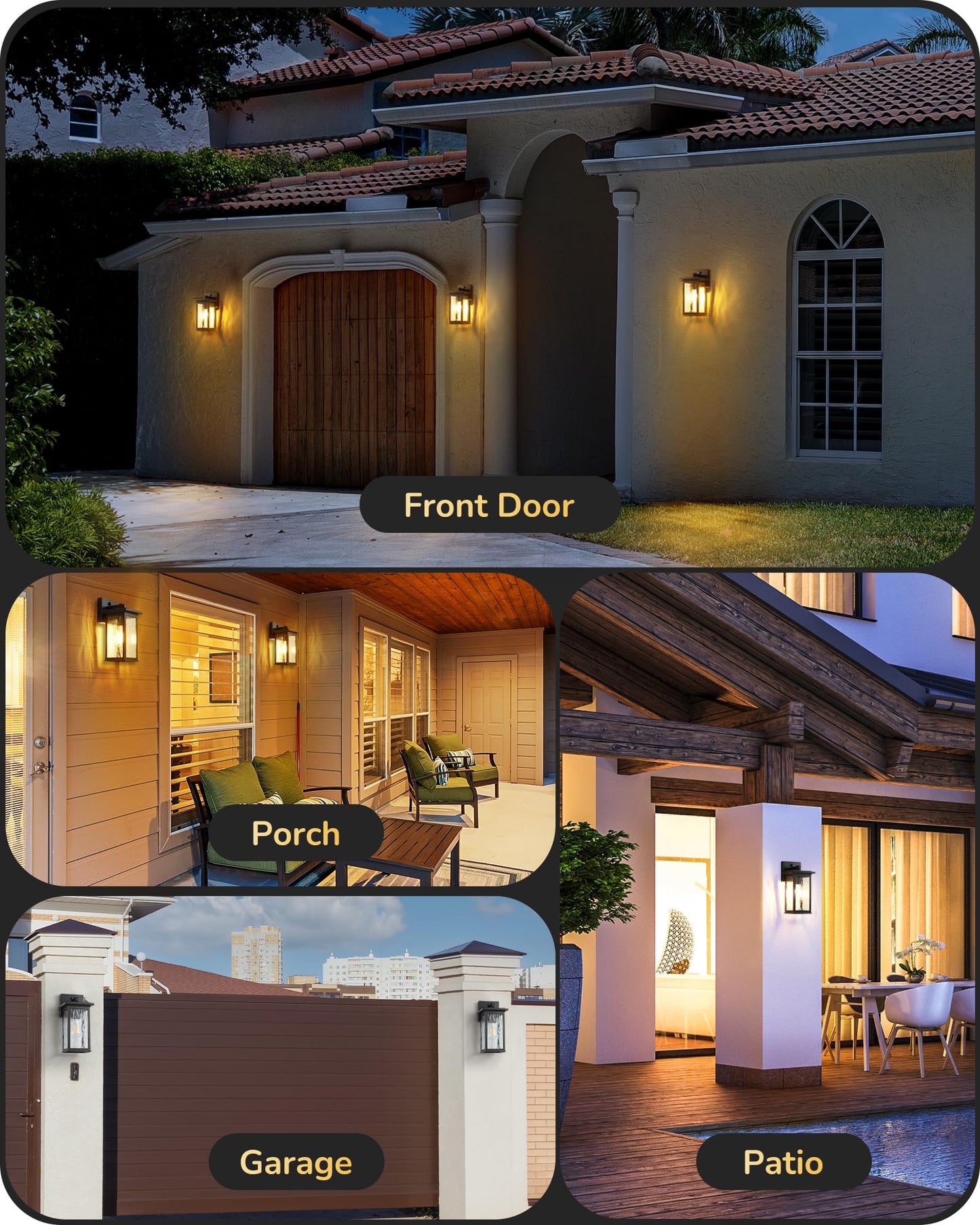 EDISHINE 2 Pack Outdoor Wall Light, Dusk to Dawn Exterior Light Fixture, Modern Porch Light Wall Mount Sconce, Clear Water Ripple Glass, Black Metal Outside Wall Lantern for Front Door Garage Patio
