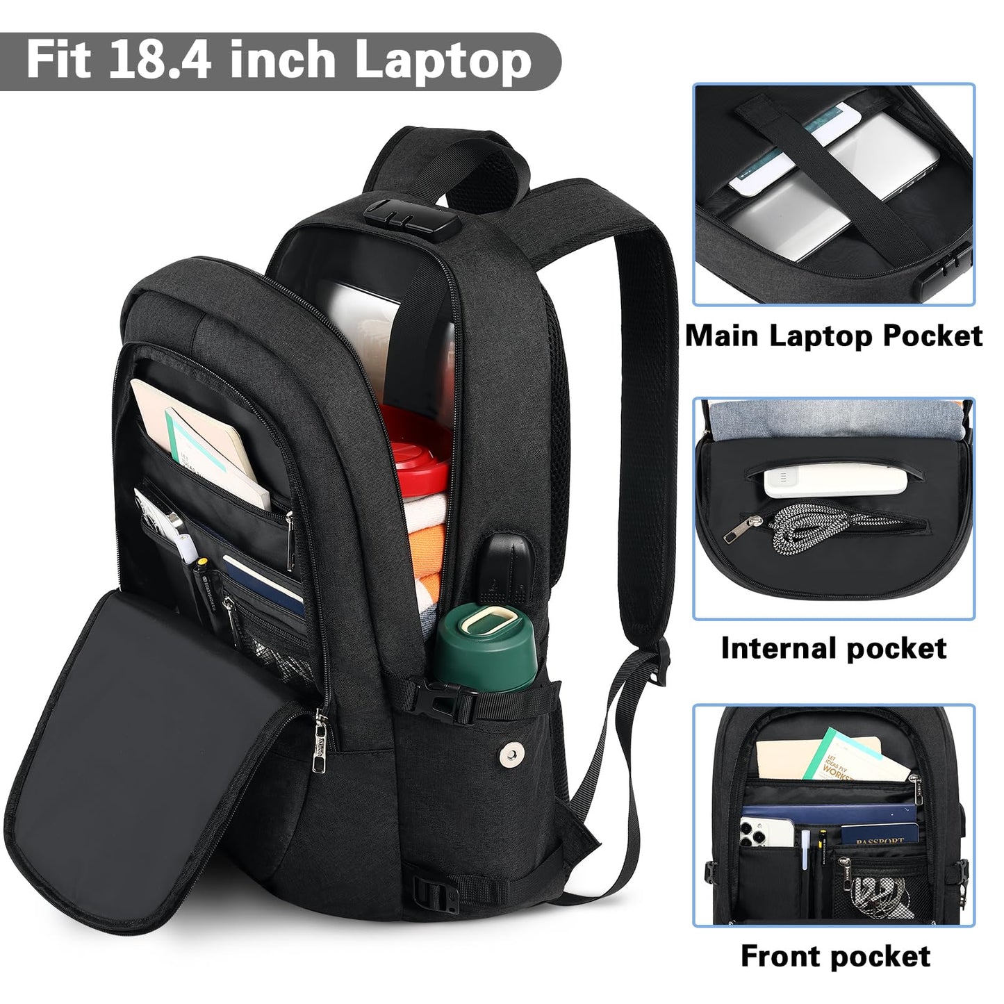 AMBOR Travel Laptop Backpack,18.4 inch Anti Theft Business Laptop Carry on Backpack with USB Charging Port and Headphone Interface, Backpack for Men & Women,Black