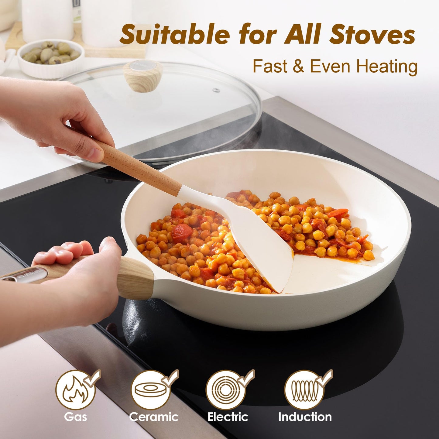SENSARTE Ceramic Nonstick Frying Pan Skillet with Lid, 9.5/11/12.5 Inch Non Stick Pan Wok, Healthy Kitchen Cooking Sauté Pans, Free of Intentionally Added PFOA/PFAS/PTFE, Induction Compatible, White