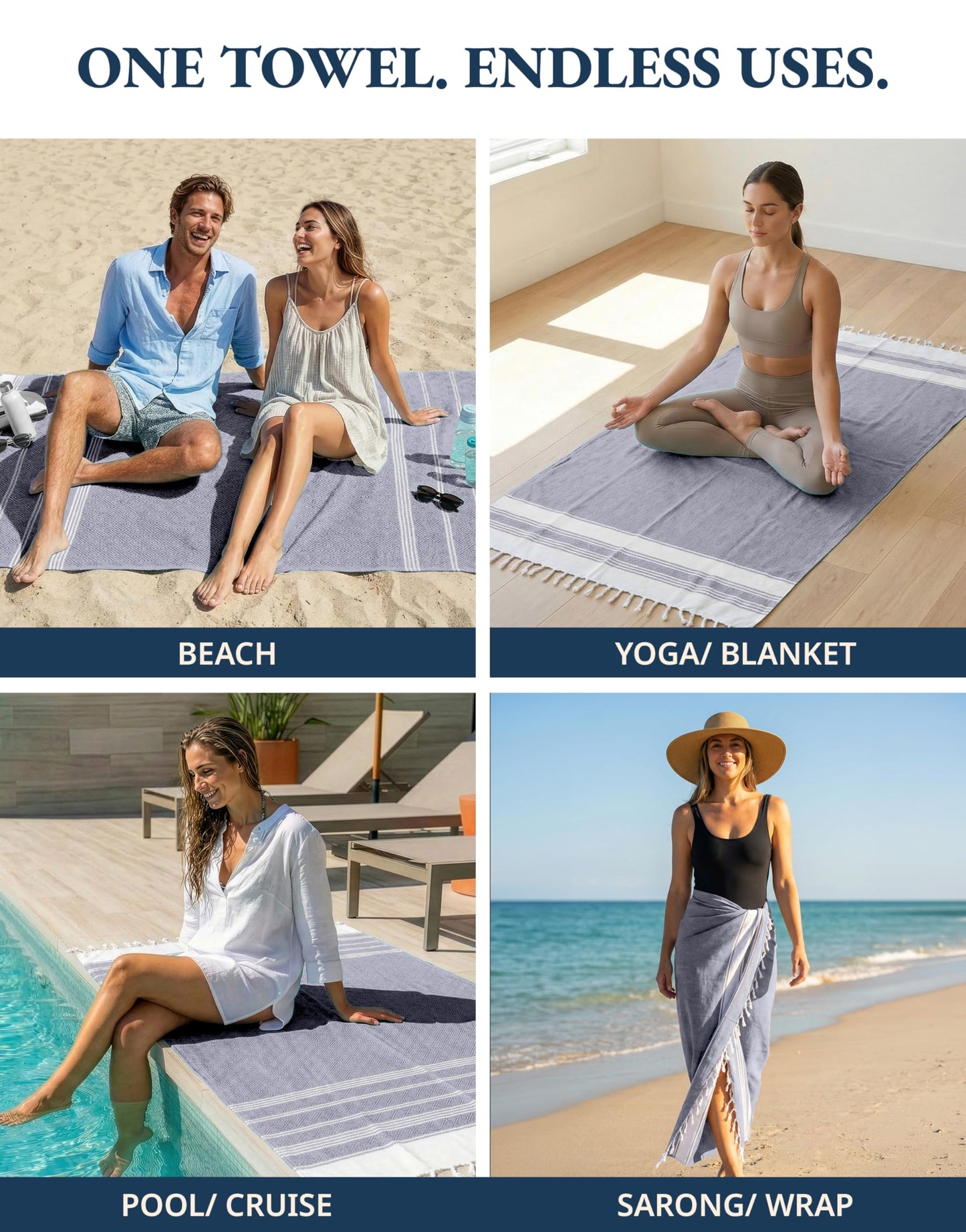 Lane Linen 4 Pack Beach Towels - Cotton Oversized Beach Towel, Pre-Washed Quick Dry Beach Towel, Extra Large Pool Towel, Lightweight Beach Towel Sandproof, Absorbent Travel Bath Towel - Multi