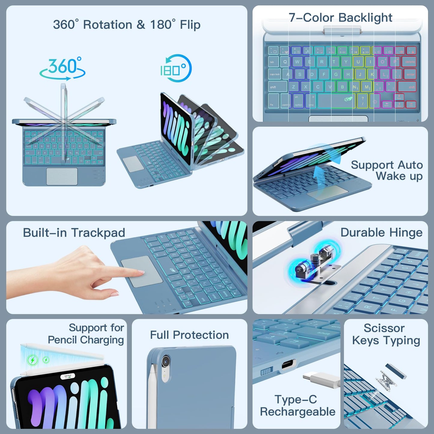 RAYMCRAFT for iPad mini 7 (A17 Pro, 2024) & Mini 6 (2021) Case with Keyboard, 7 Colors Backlit Keyboard with Trackpad, Auto Sleep/Wake, 360° Rotatable Case for iPad mini 7th 6th Gen 8.3", Denim