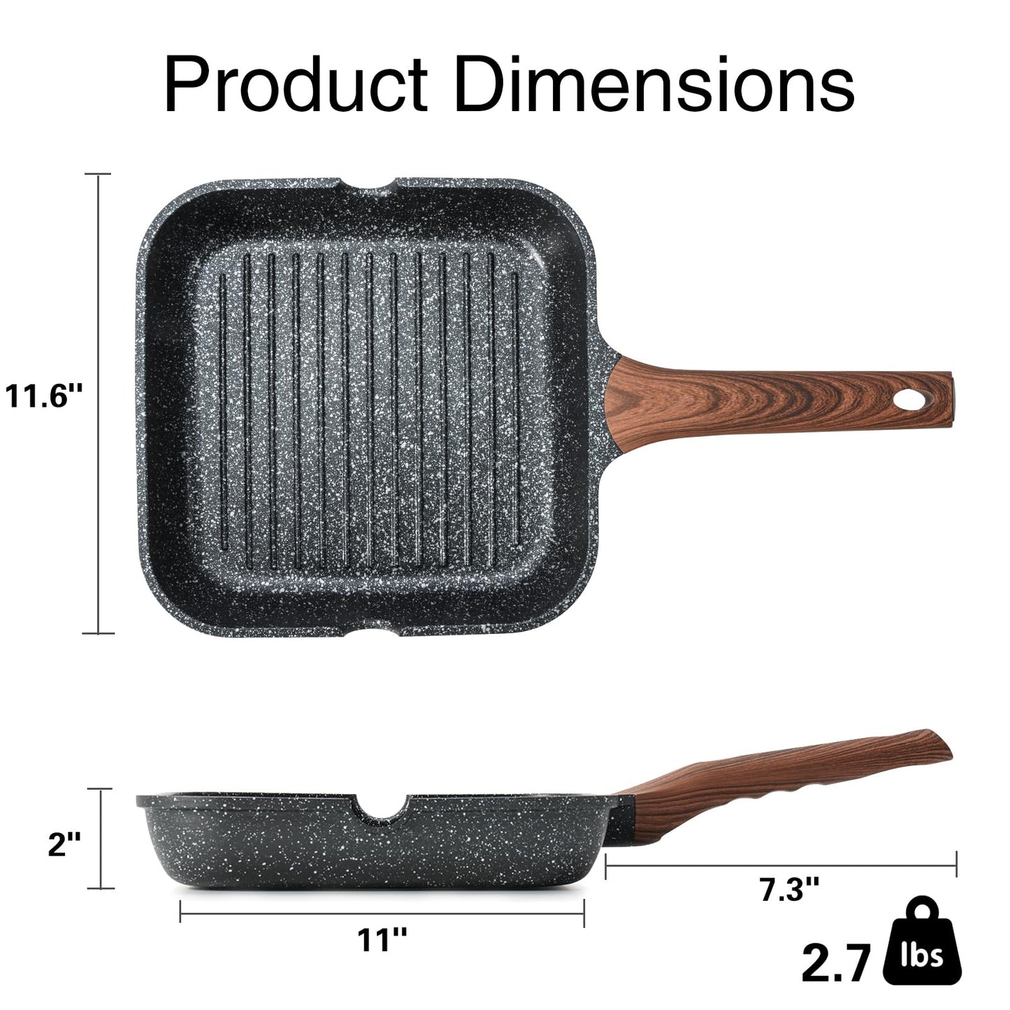 Kordisen Nonstick Grilling Pan for Stove Tops, 11 Inch Square Grill Pan for Indoor Cooking, Granite Coating Grill Skillet with Pour Spouts, Versatile Griddle, Induction Steak Pan, PFOA Free