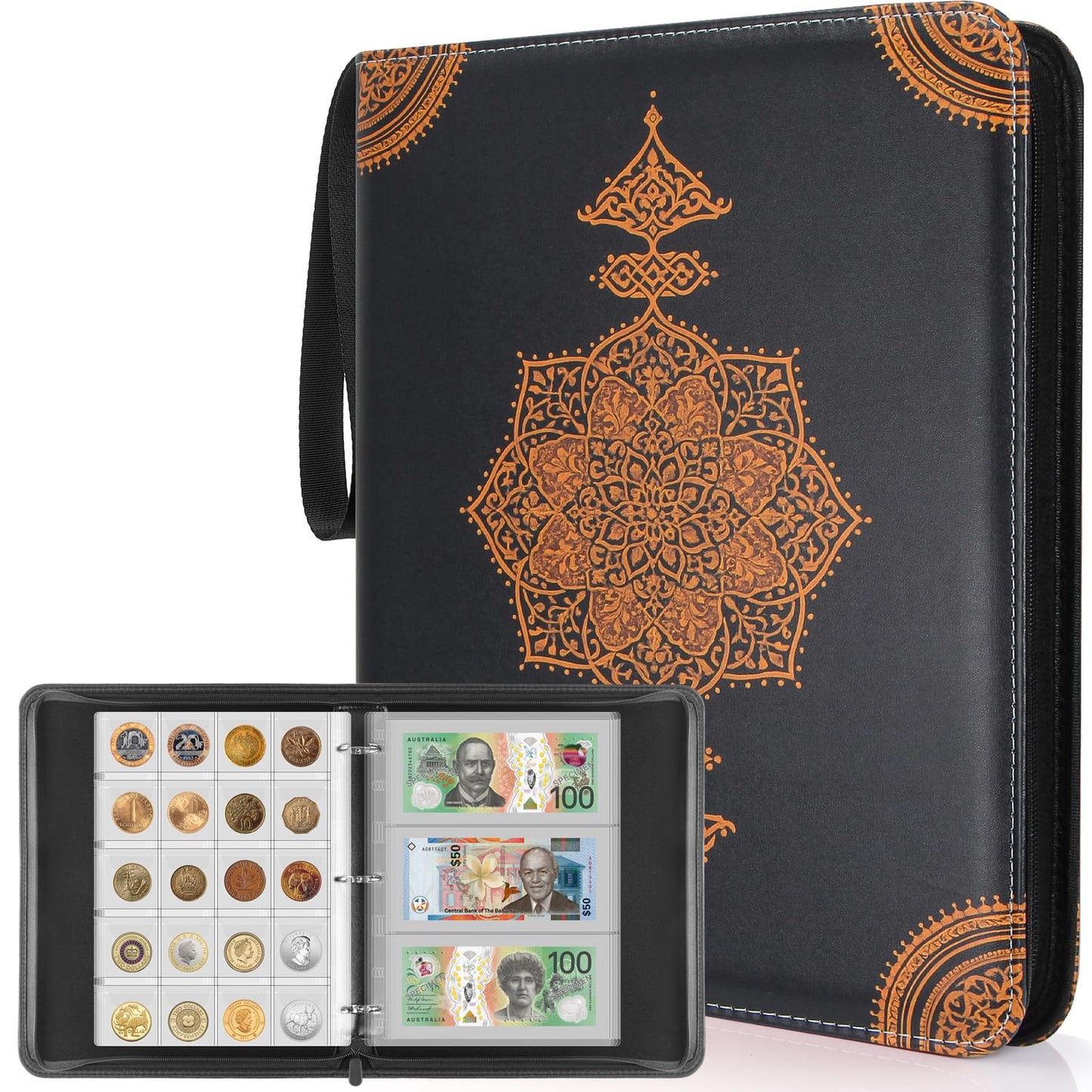 JoyHood Coin Collection Book Holder - 400 Coins Pockets+15 Bills Pockets, Coin Display Organizer Storage Album for 20/25/ 27/30/38mm Coin