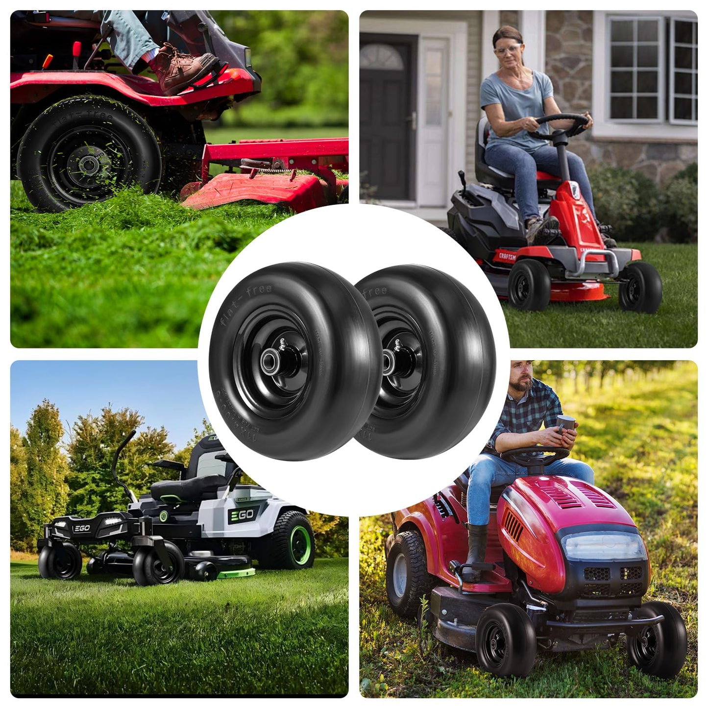 11x4.00-5" Lawn Mower Tire on Wheel Flat Free 2 PCS, 3/4" or 5/8" Bearing, Solid Mower Wheel for Residential and Commercial 3.4"-5" Centered Hub, Zero Turn Mower Front Tires