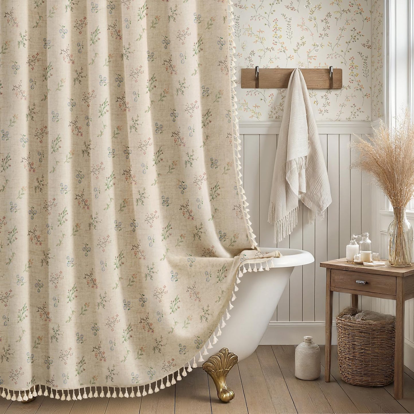 XOGUIBO Floral Farmhouse Vintage Linen Shower Curtain, French Country Spring Shower Curtains for Bathroom with Tassels, 72Wx72H