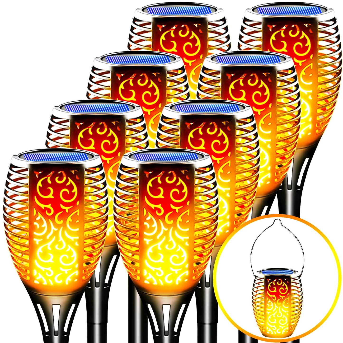LazyBuddy 8 Pack Large Solar Tiki Torches Outdoor Waterproof - Realistic Flickering Flame 3-in-1 Hanging Lantern with Detachable Hook - All-Weather Canadian Garden, Pathway & Halloween Lights