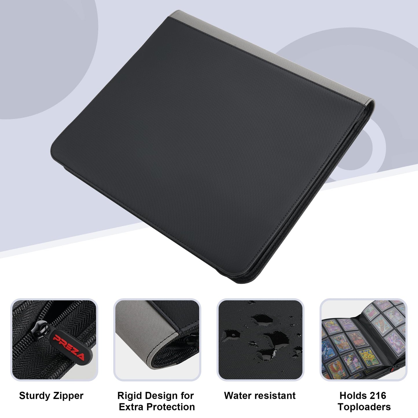 PREZA Toploader Binder - Holds 216 Top Loaders - 9 Pocket Top Loader Binders - Trading Card Binder for Toploaders - Top Loader Binder Card Storage Box (Black)