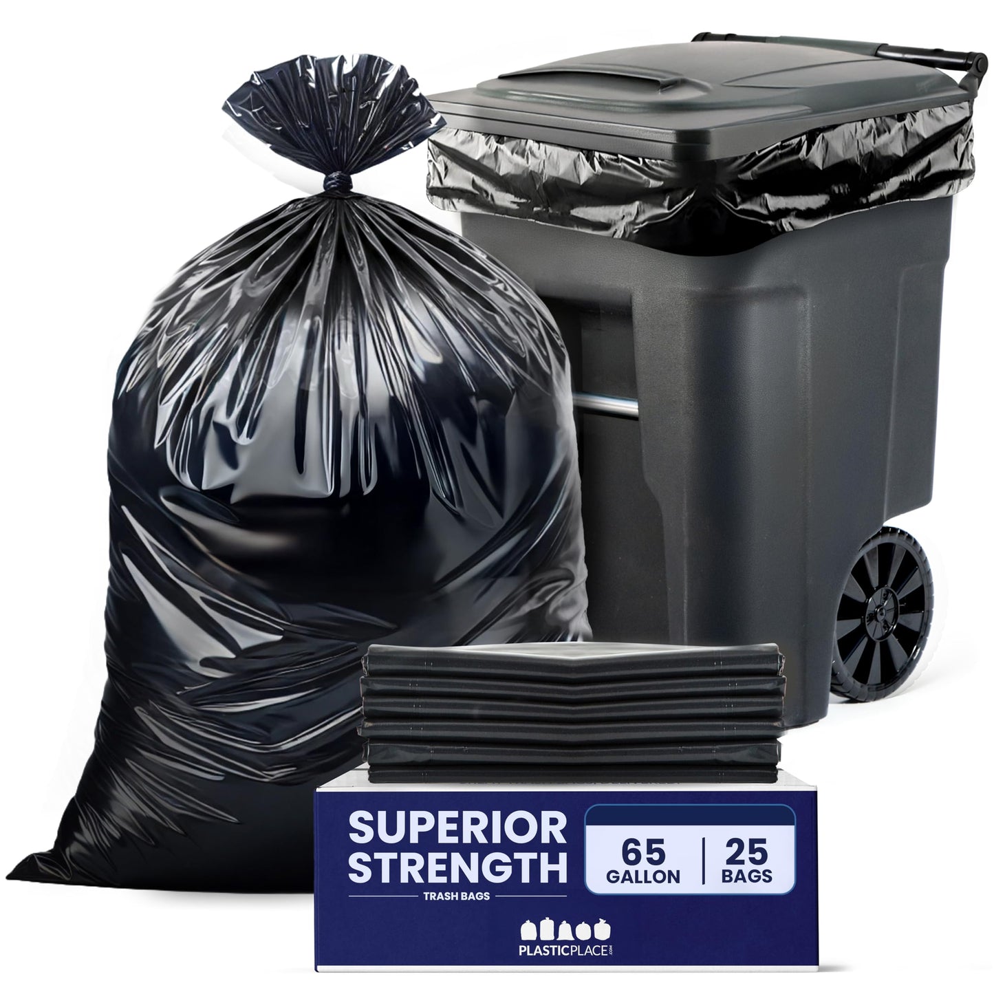 Plasticplace 65 Gallon Trash Bags │ 2.7 Mil │ Black Heavy Duty Garbage Can Liners │ 50” x 48” (25 Count)