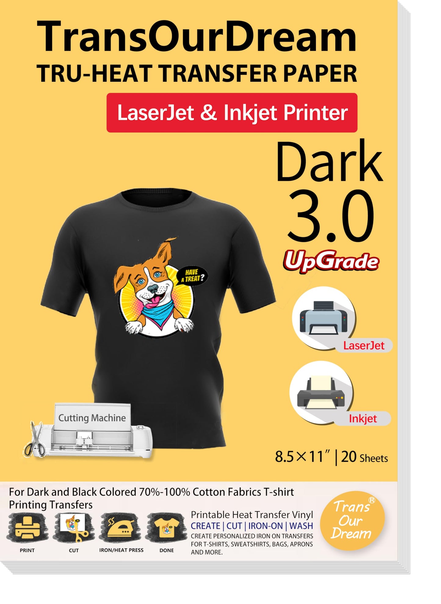 TransOurDream Tru-Iron on Heat Transfer Paper for Dark Fabric (20 Sheets, 8.5x11", Dark 3.0) T Shirt Transfers Paper for Inkjet Printer Printable Heat Transfer Vinyl for T-Shirts (TRANS-D3-7-20)