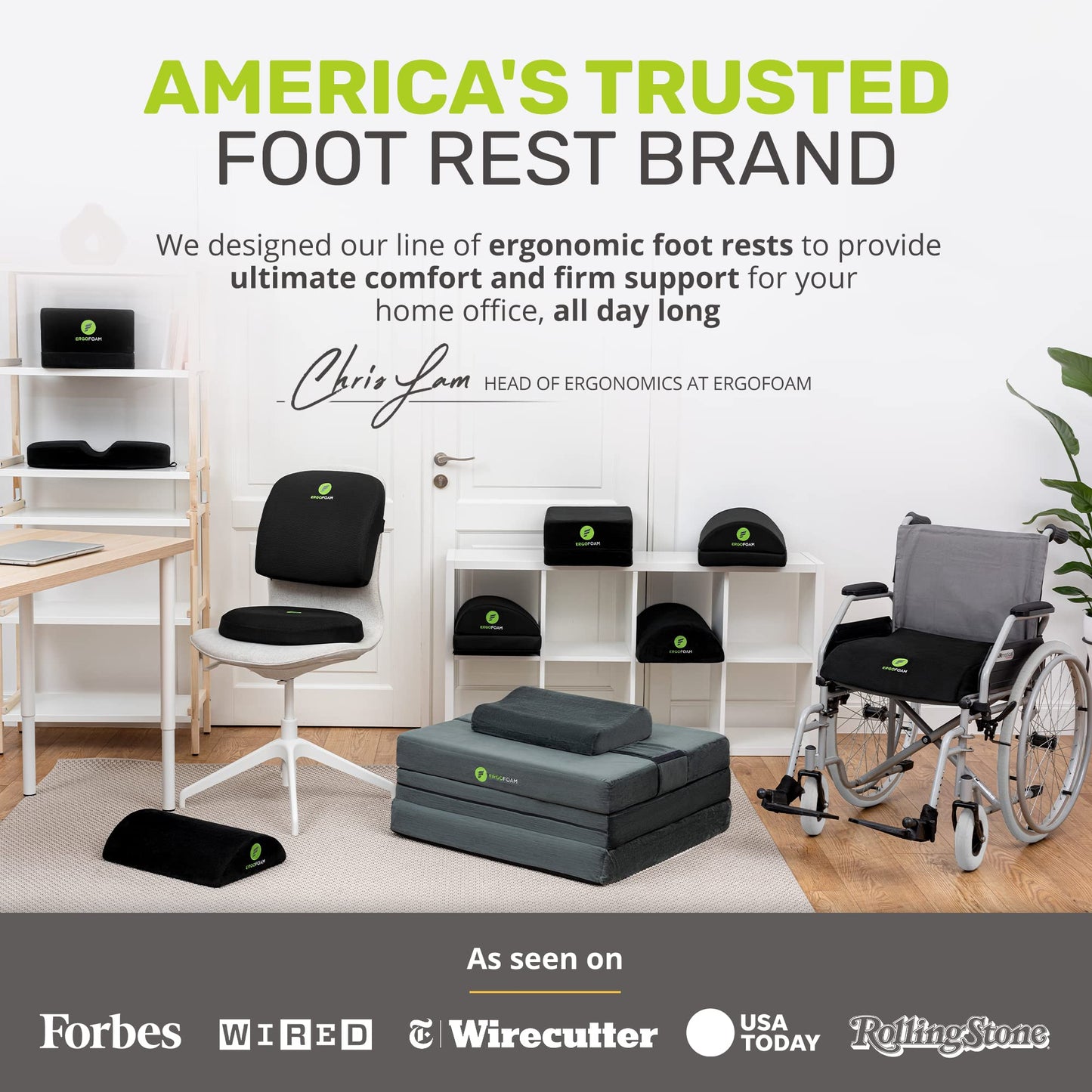 ErgoFoam Chiropractor-Endorsed Orthopedic Teardrop Design 2in1 Adjustable Under Desk Foot Rest for Lumbar Back Knee Pain (Black)