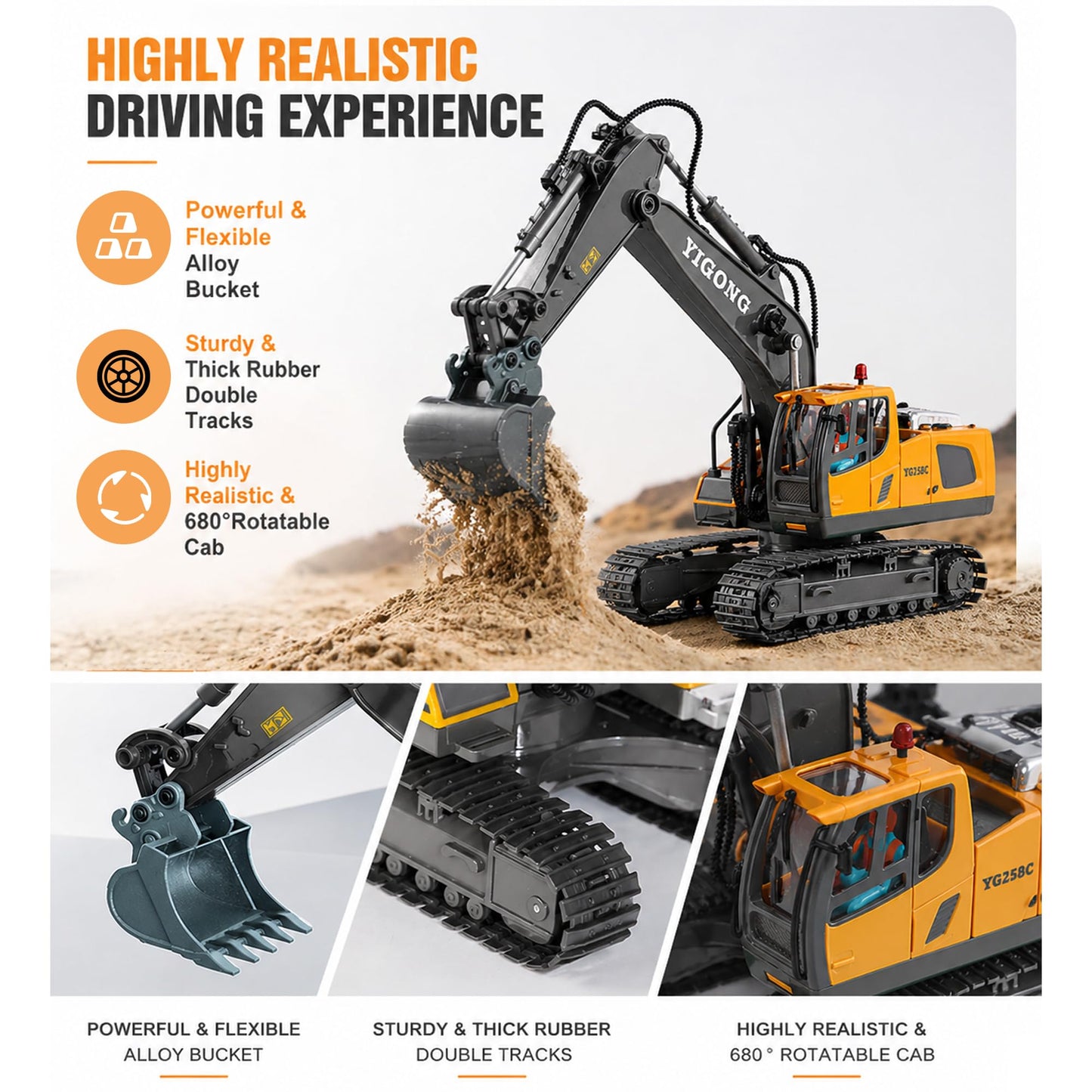 Cogwak RC Excavator Toy 11 Channel Remote Control Construction Vehicles Sand Digger Truck with Metal Shovel 680° Rotation Outdoor Birthday Gift for Boys Kids Age 6+ Year Old (Yellow)