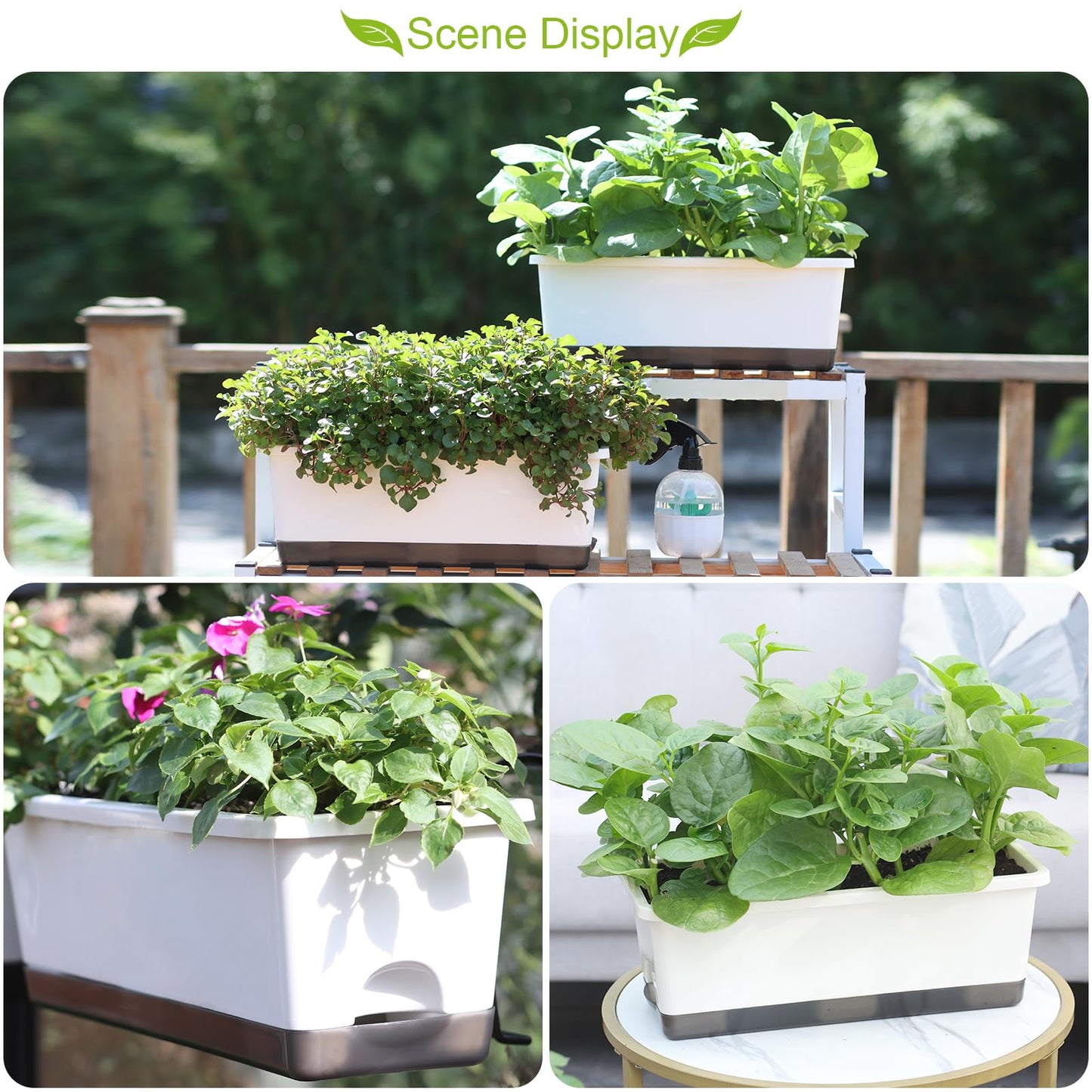 Self-Watering Planters with Drainage Holes & Trays, 8 Pcs 17 Inch Rectangle Window Box, Indoor Outdoor Flower Pots for Garden, Balcony, Patio (White, 17 x 7 x 6 Inch)