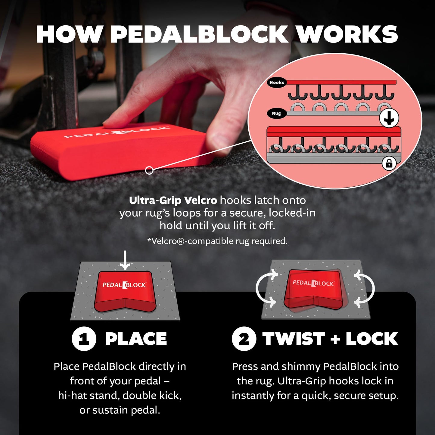 KickBlock PedalBlock – Drum Pedal Anchor for Hi-Hat Stand, Double Kick, Keyboard and Electronic Bass Drum Pedals – Prevents Slide with Shock-Absorbing Grip – Brick Red (Set of 2)