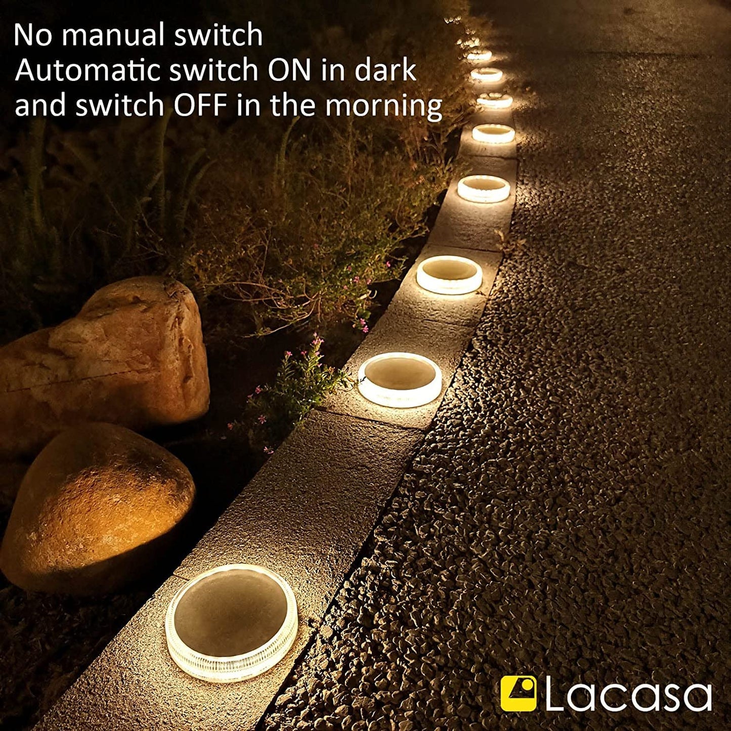 Lacasa Solar Deck Lights, 4 Pack Solar Powered Step Lights LED Dock Driveway Walkway Lights, IP68 Waterproof Auto ON/Off Solar Outdoor Landscape Lighting for Garden Stairs Pathway, Warm White 3000K